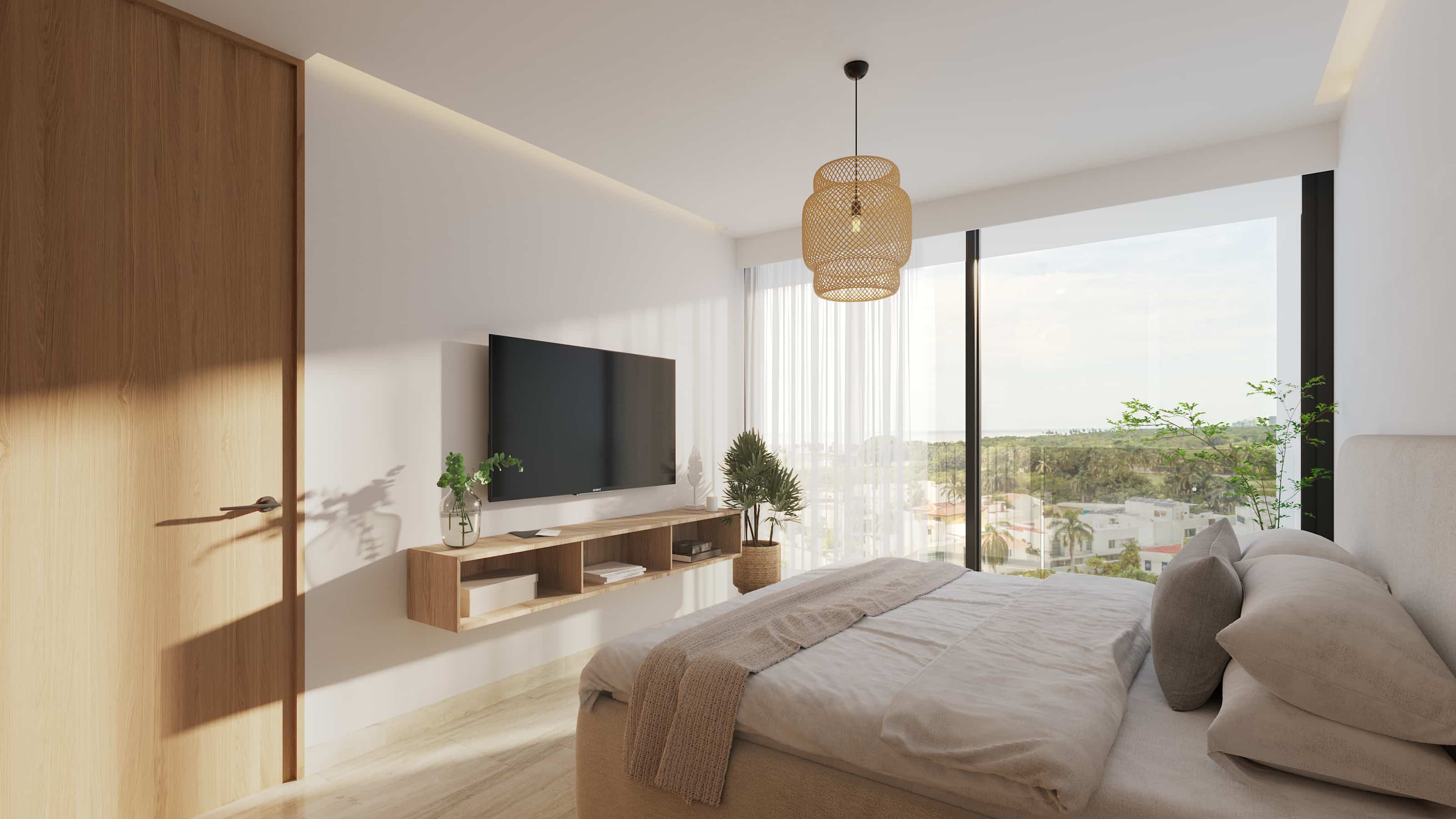 Modern guest bedroom concept featuring clean lines, warm wooden accents, a large bed setup, and bright natural lighting.