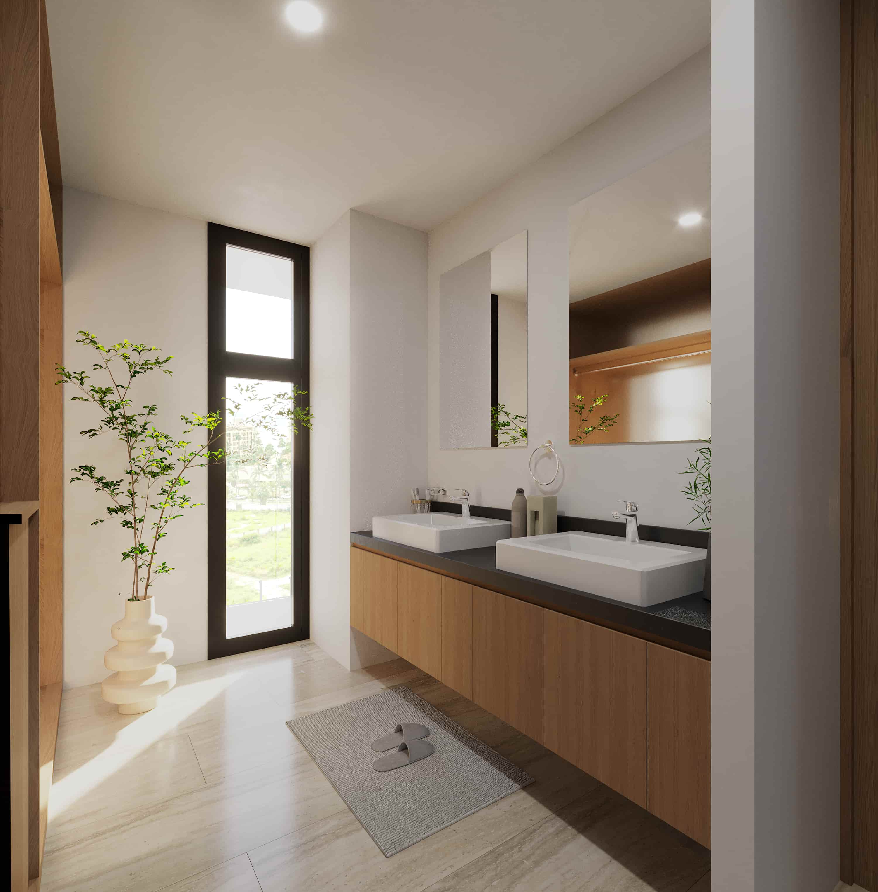 Luxury bathroom design featuring a double vanity with wooden cabinets, large mirrors, and premium contemporary fixtures.