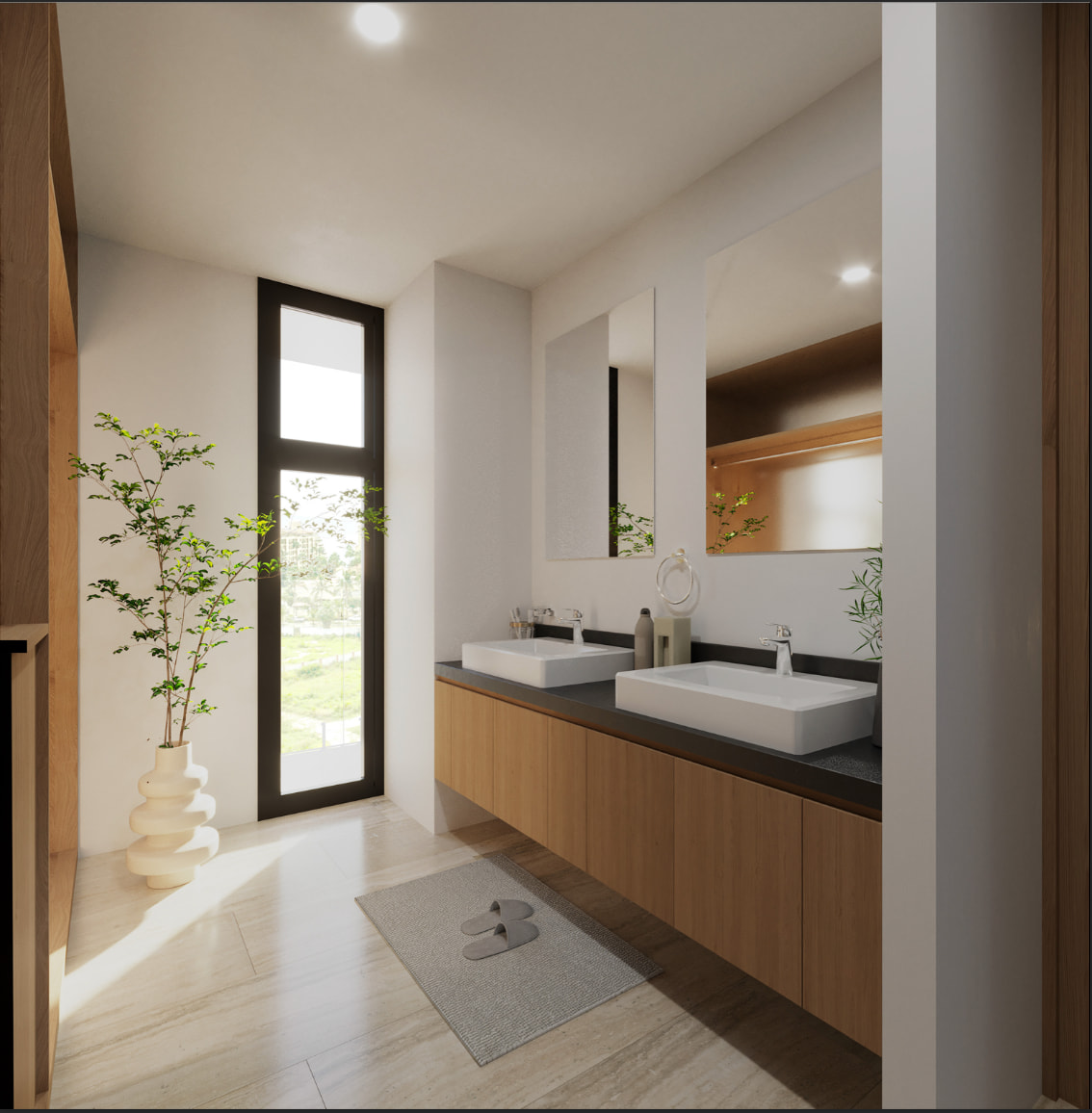 Sleek ensuite bathroom visualization at Batros Marina Residences, showcasing modern tile work, double sinks, and bright ambient lighting.