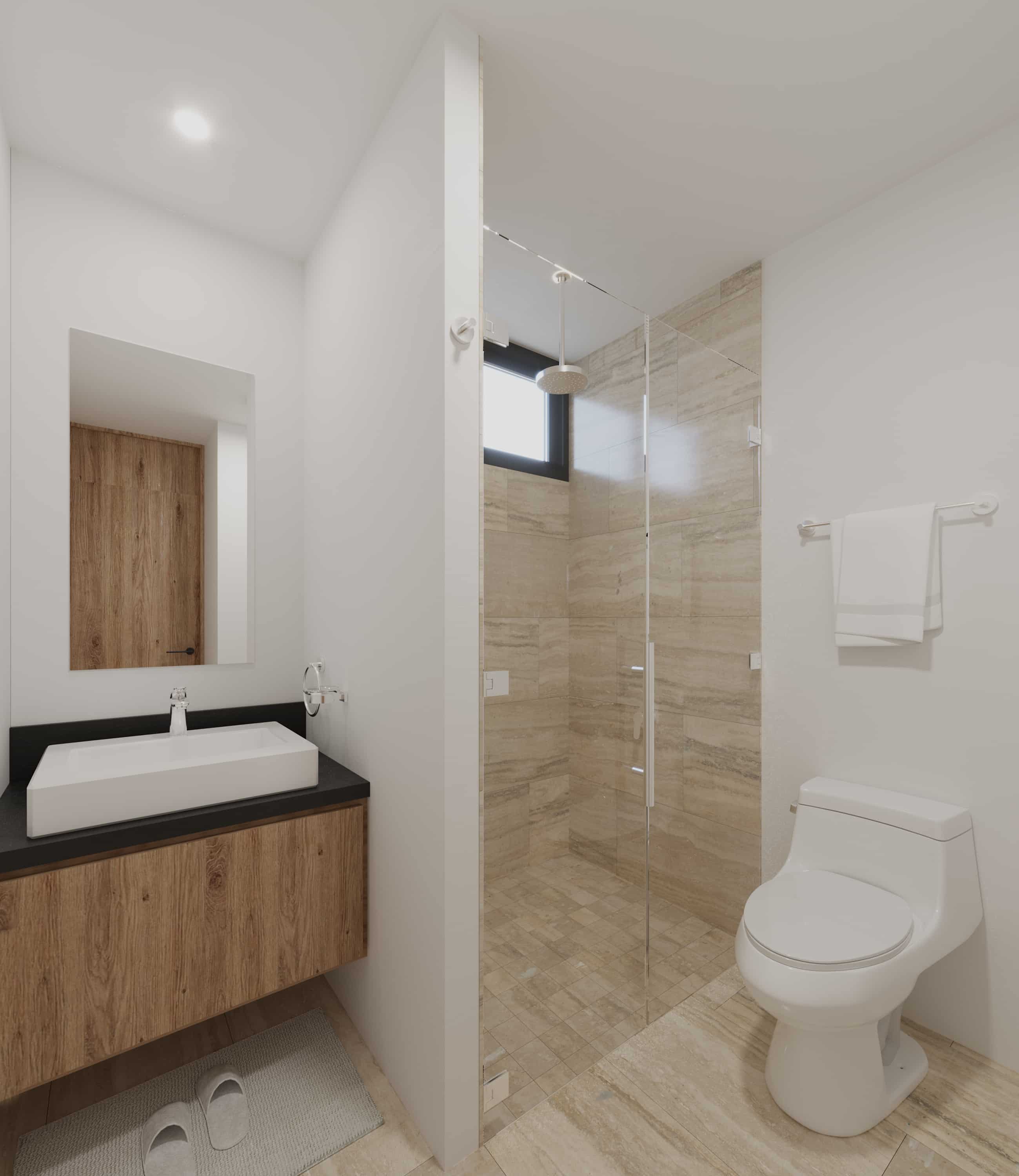 Turn-key bathroom and walk-in shower layout, highlighting high-end glass enclosures and a minimalist aesthetic.