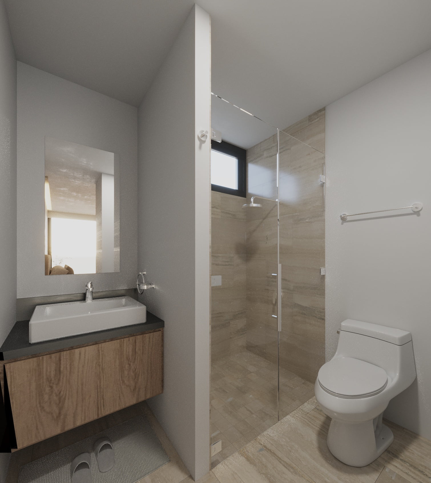 Modern floating vanity with a vessel sink and wooden finishes inside a luxury condo bathroom concept.
