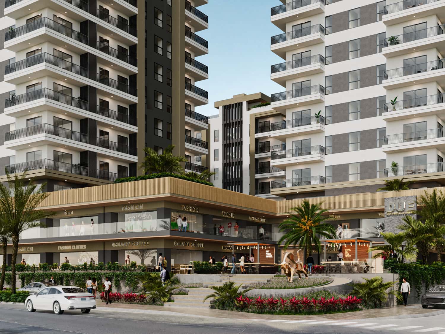 DUE Puerto Vallarta modern condo exterior architecture and street-level plaza
