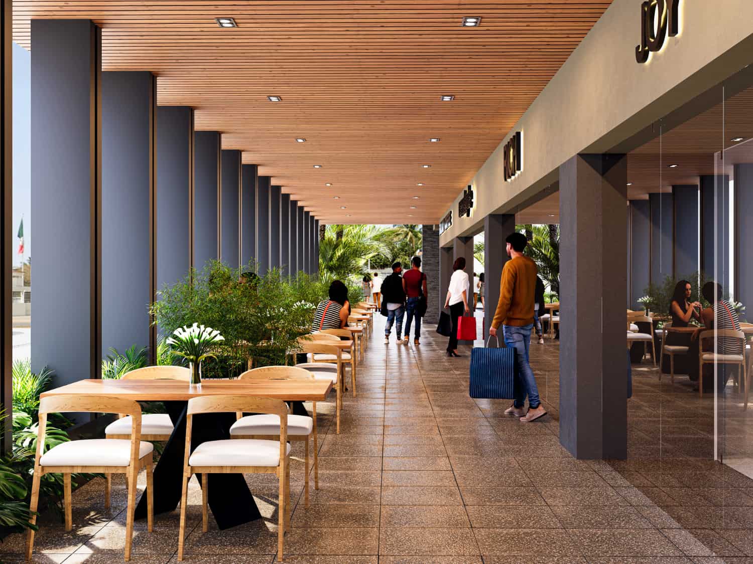 DUE Puerto Vallarta outdoor commercial promenade and restaurant seating on ground level