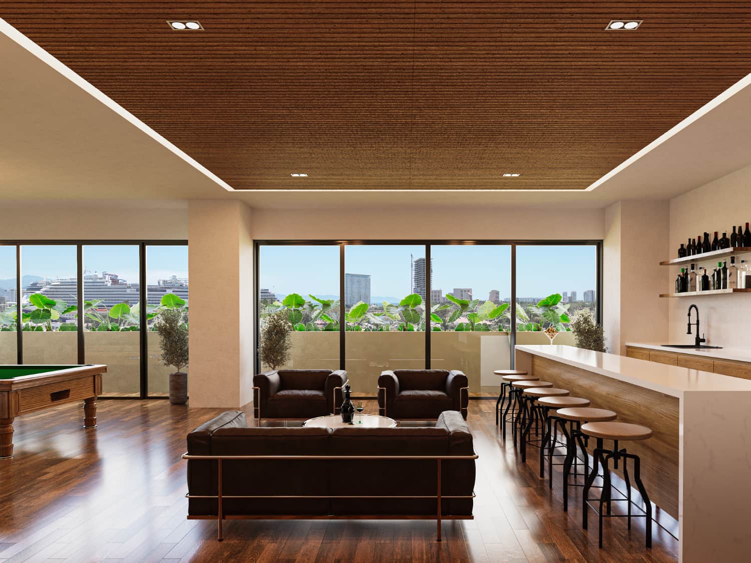 DUE luxury interior residents lounge and social club space with bar area