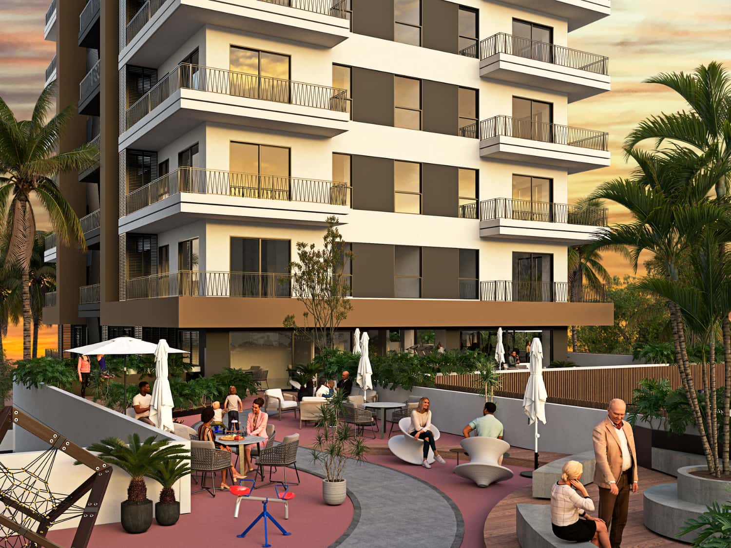 Ground floor entrance plaza and modern architectural facade at DUE Puerto Vallarta