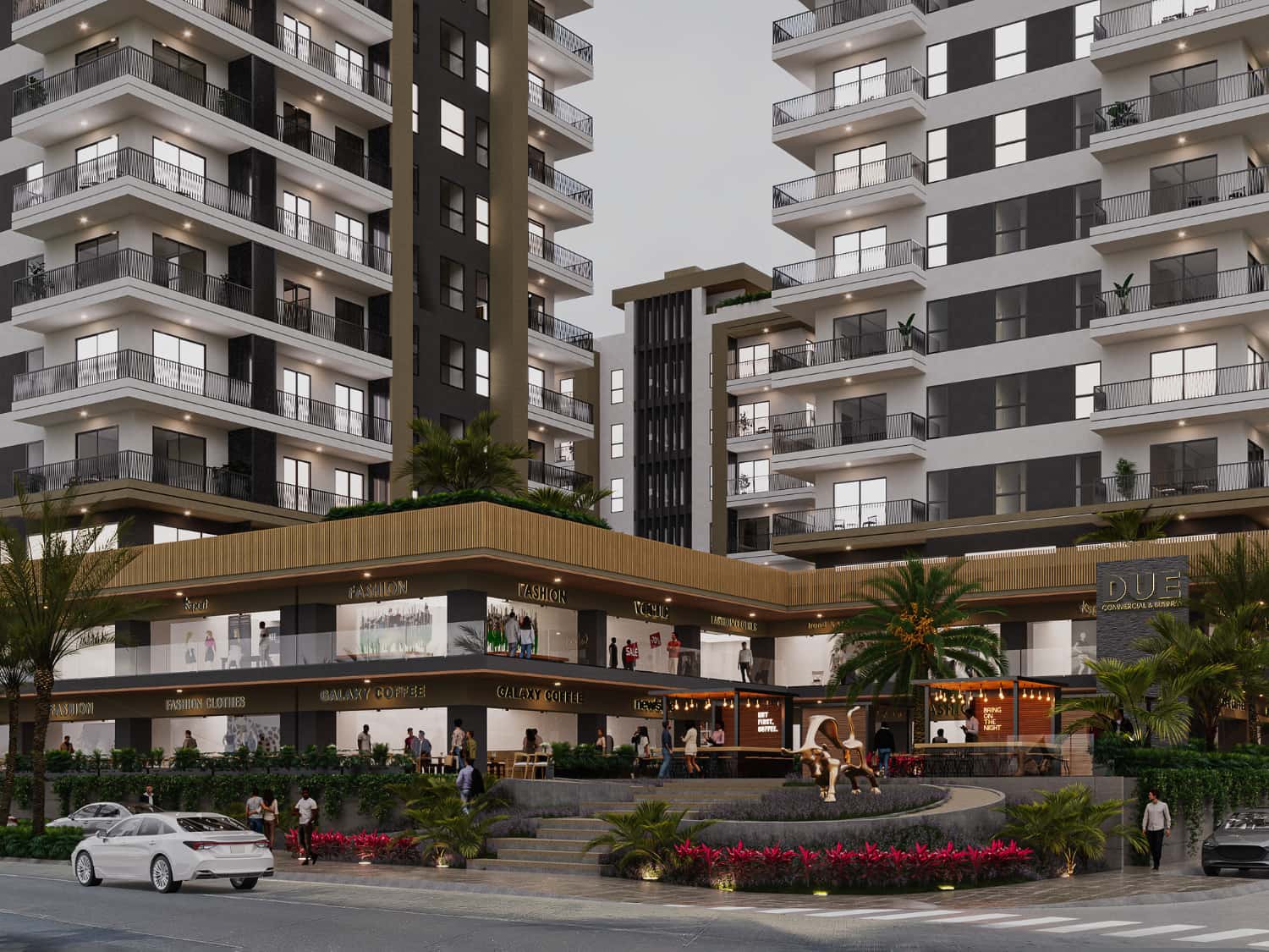 Exterior rendering of DUE residential towers with ground-floor commercial spaces