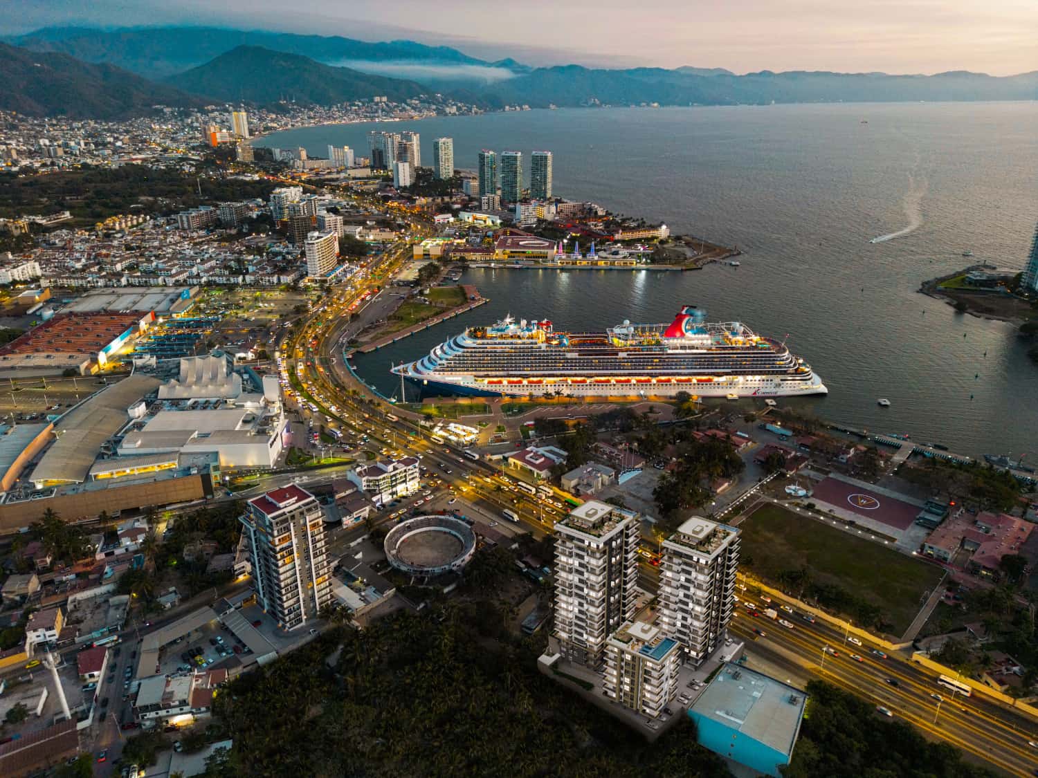 Sunset aerial view of Puerto Vallarta Hotel Zone coastline near DUE developments