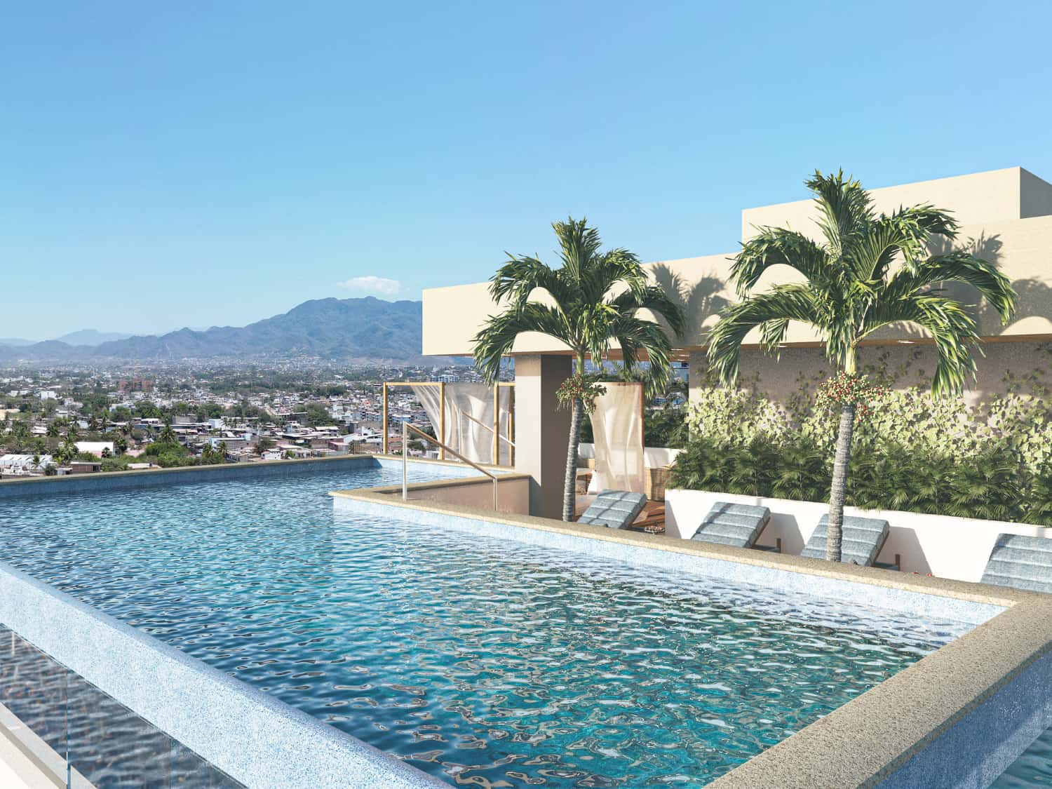 Rooftop swimming pool terrace with mountain and bay views at DUE