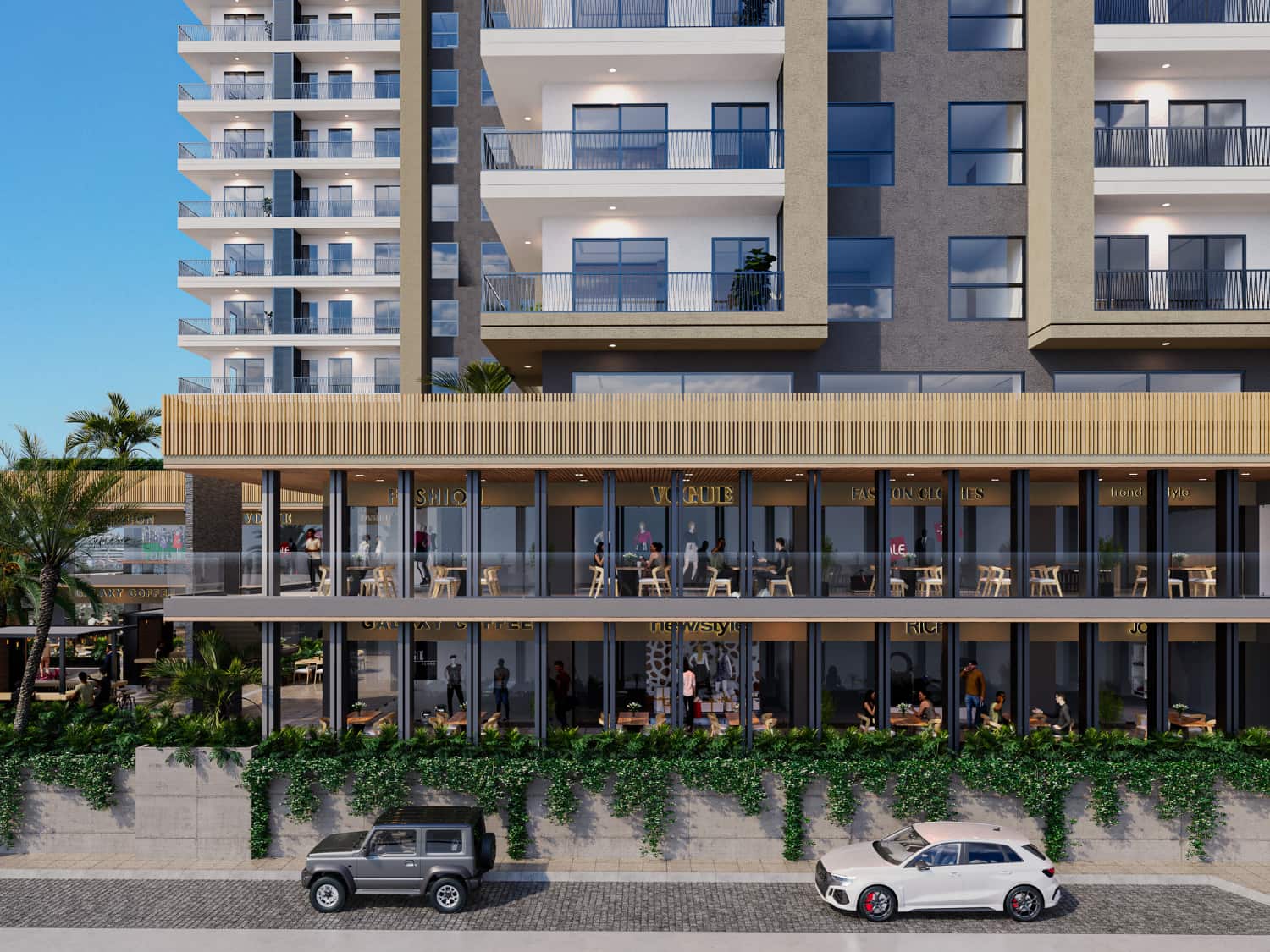 Street view elevation of multi-level commercial units and balconies at DUE Vallarta