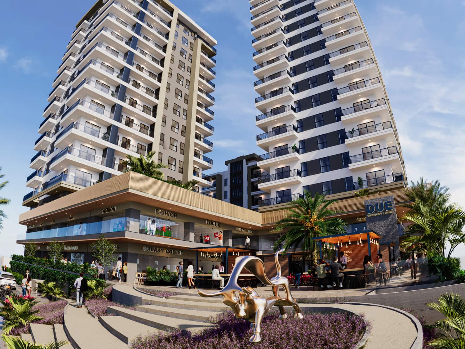 Main front entrance view of DUE luxury pre-construction condominium building