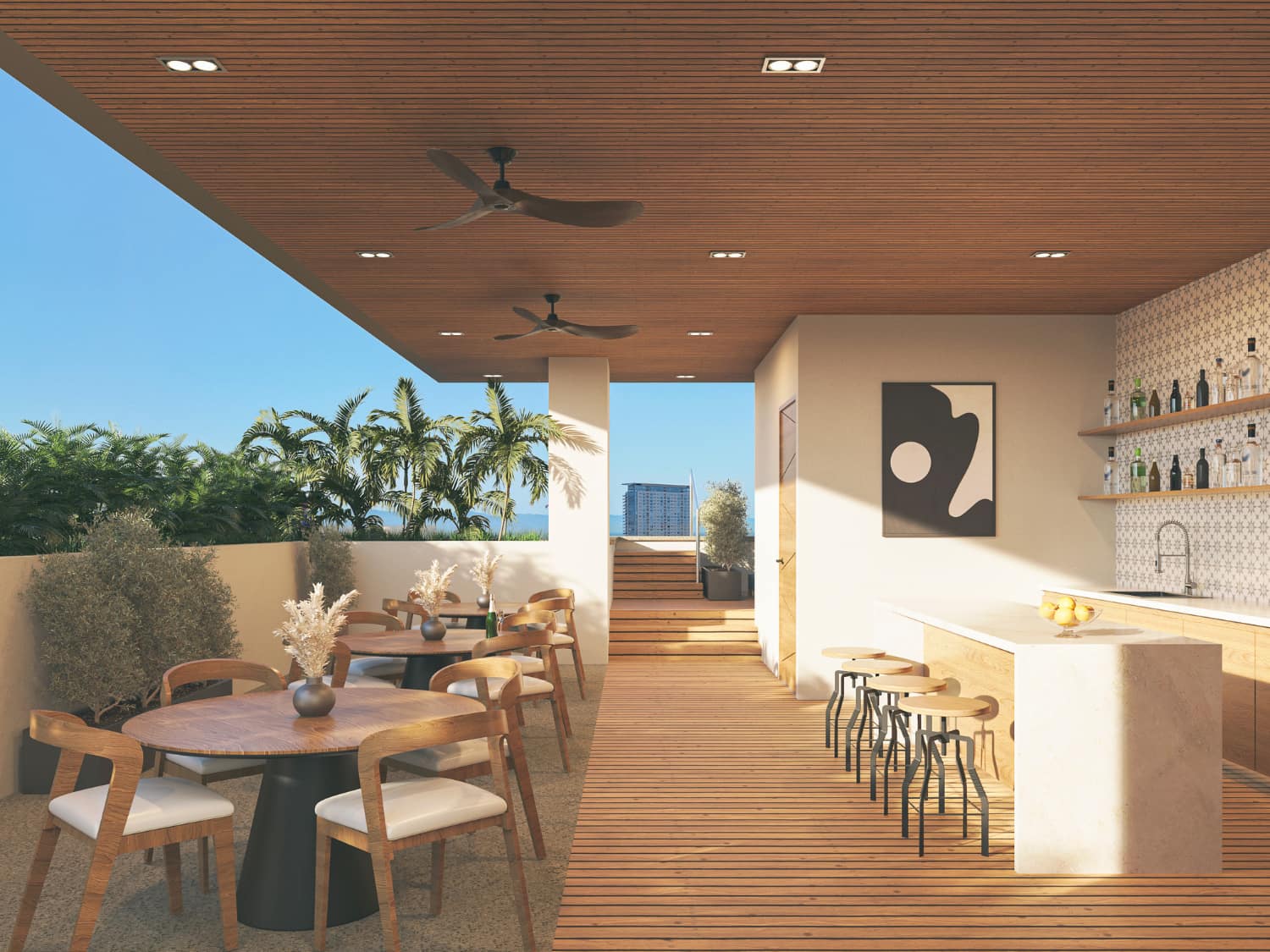 Covered outdoor dining terrace and rooftop bar lounge seating at DUE