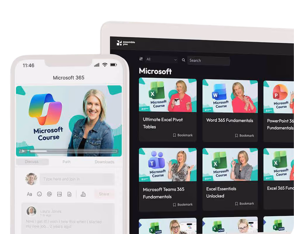 Mobile phone and tablet displaying Microsoft 365 courses including Excel, Word, PowerPoint, and Teams fundamentals with instructor images.