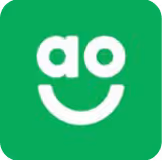 AO logo with white lowercase letters and a curved smile on a green background.