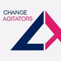 Logo with the words 'CHANGE AGITATORS' in black and pink text above a stylized blue and pink geometric shape.