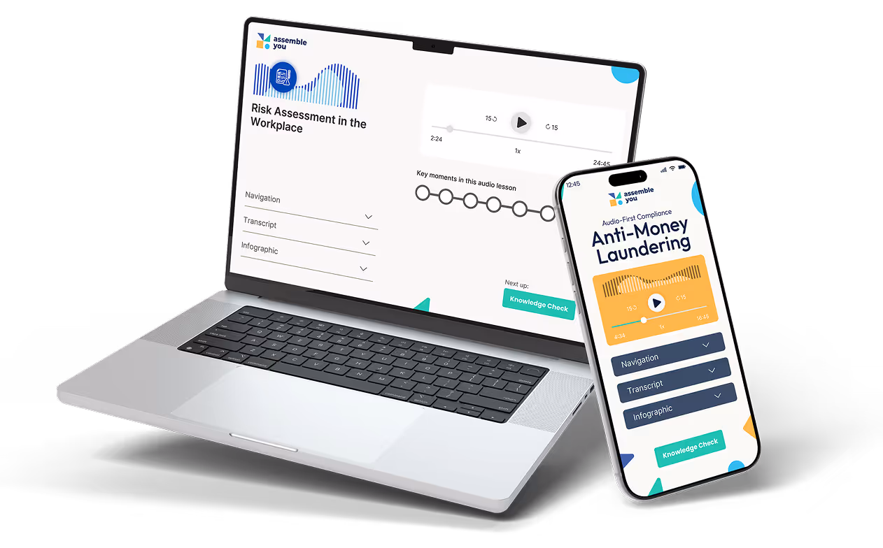 Laptop displaying 'Risk Assessment in the Workplace' audio lesson interface with a smartphone showing 'Anti-Money Laundering' lesson, flanked by a woman on the left and a man on the right.