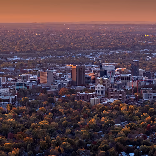 City skyline at sunset with densely packed buildings and colorful trees in the foreground.