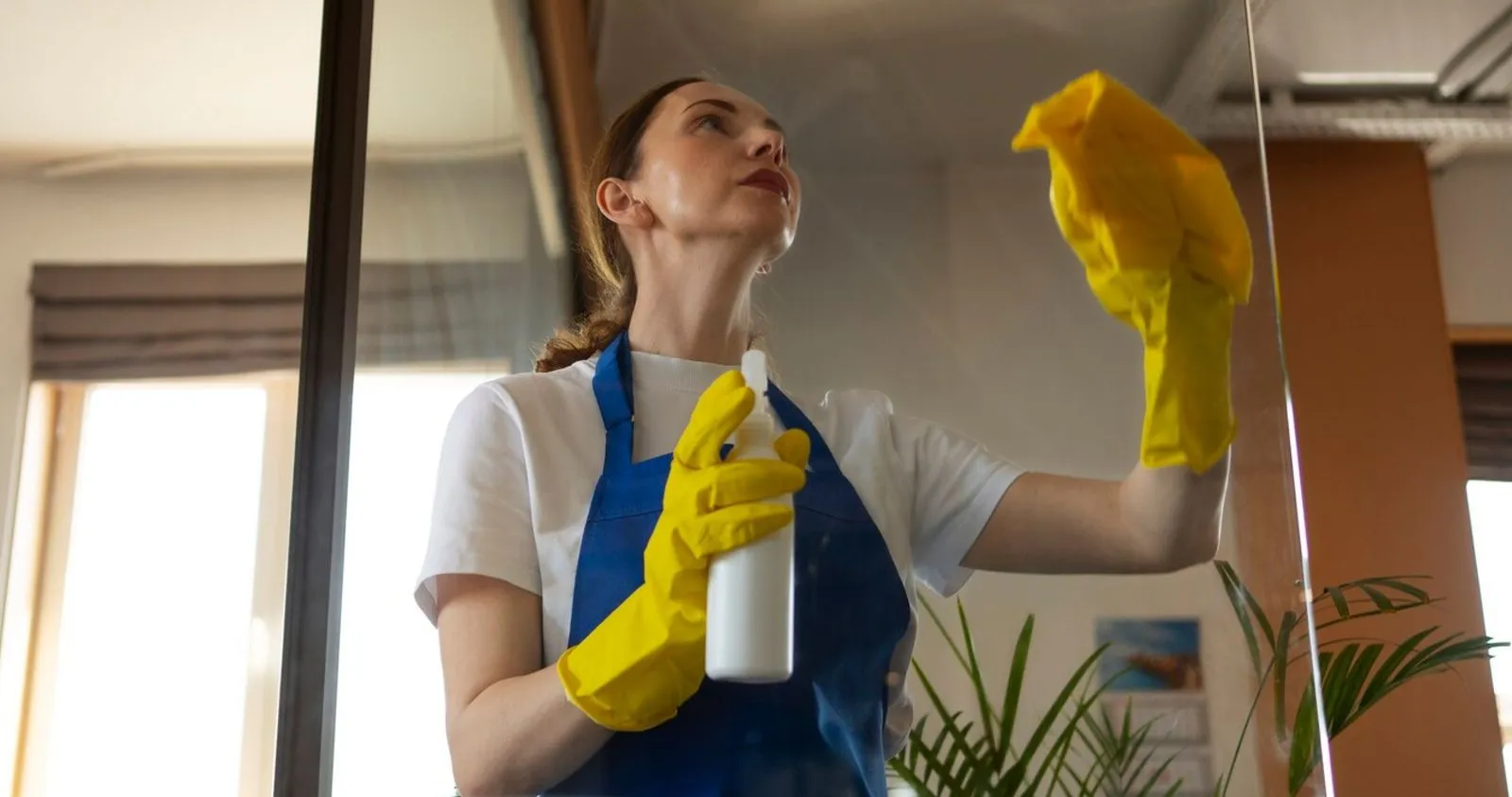 Office cleaner spraying and wiping a glass wall in a bright workplace