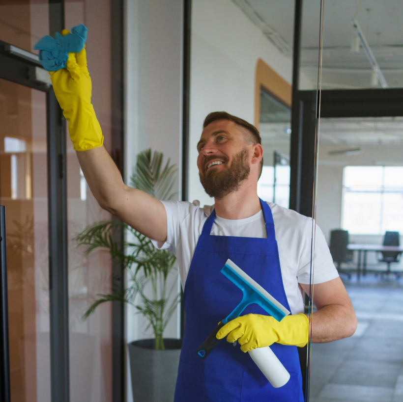 Commercial cleaner wiping an office glass partition with a squeegee in hand