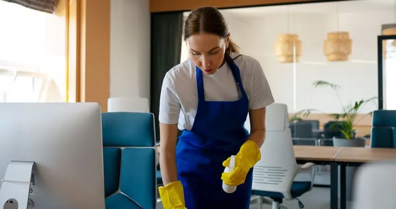 Professional cleaner sanitizing a desk in a modern open plan office