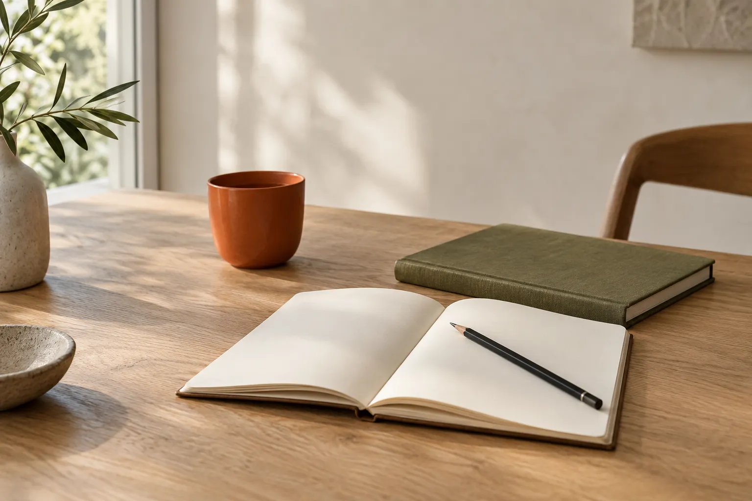 An open notebook and pencil on a sunlit wooden worktable.