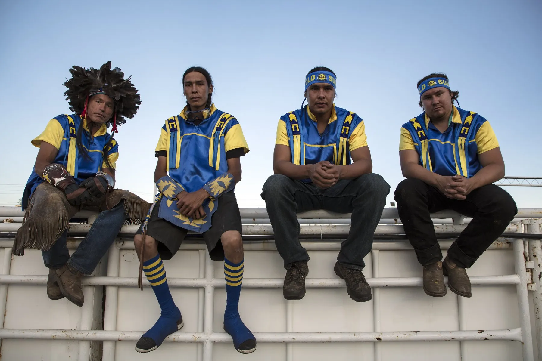 Old Sun Relay Team at the Calgary Stampede, July 2018. (L to R) Allison Red Crow, Cody Big Tobacco, Mark Big Tobacco, Racey Red Crow.