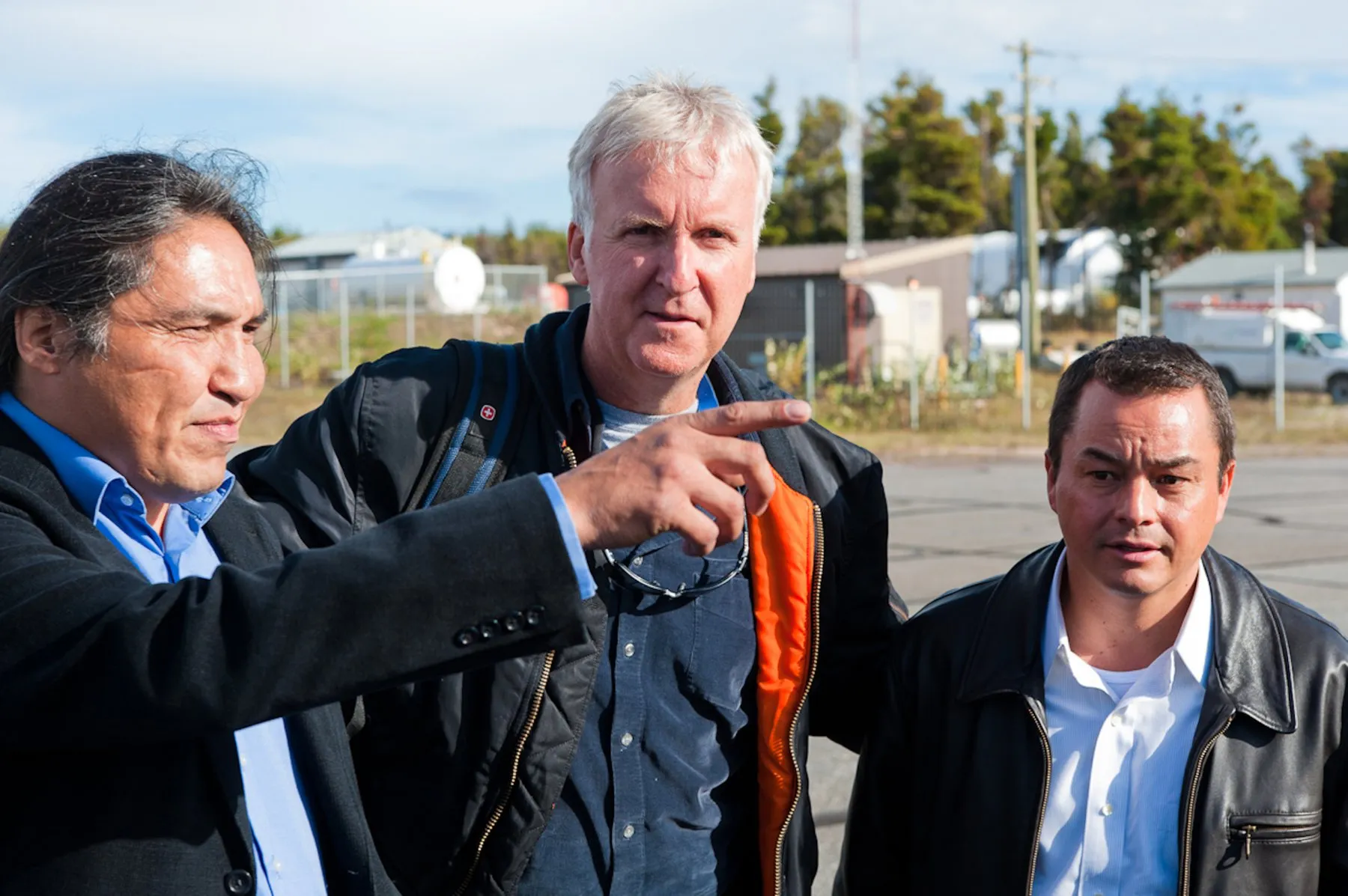 Dene Chief Allan Adam (L) with Director James Cameron (C) and Chief of the National Assembly of First Nations Shawn Atleo (R). 2010.