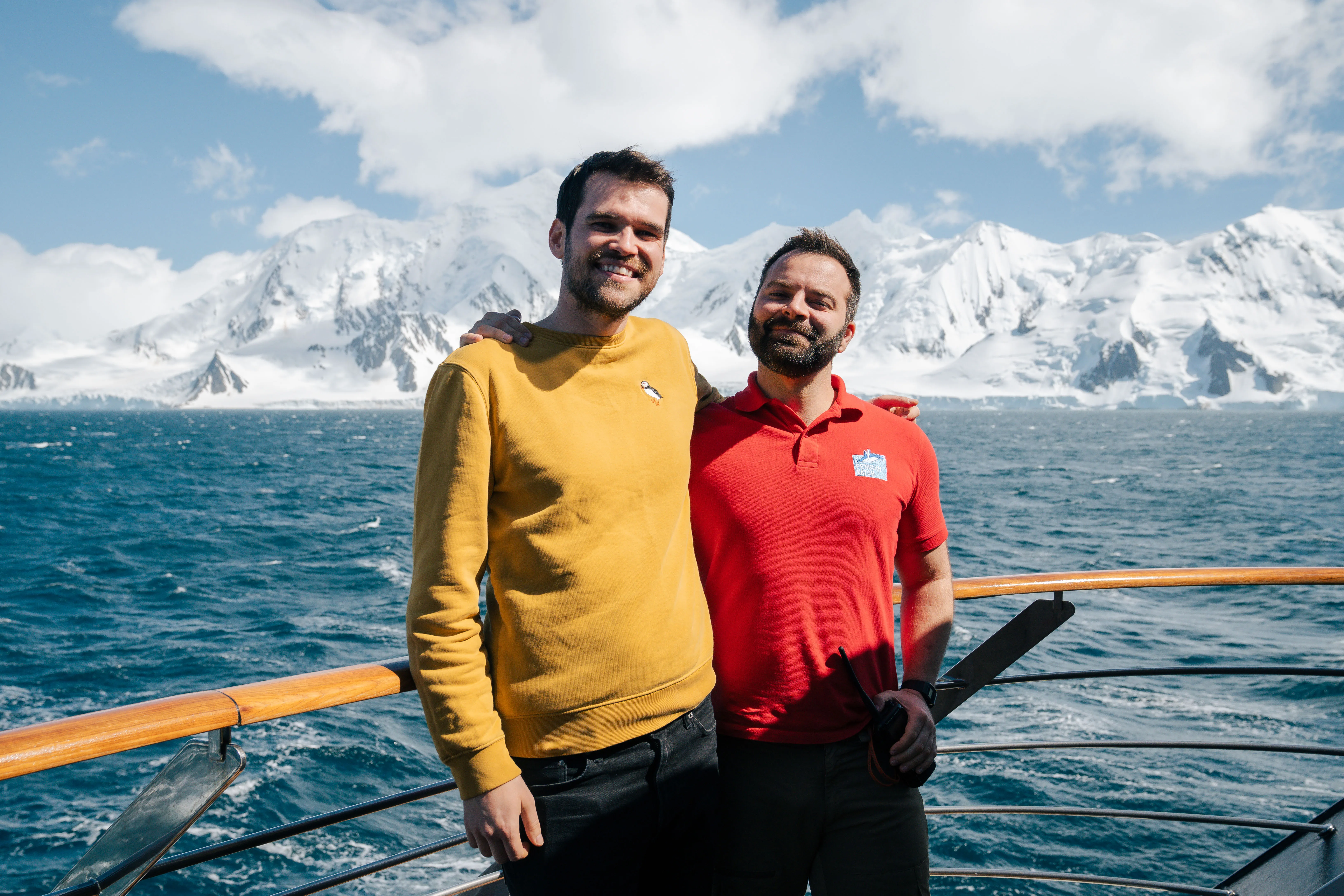 Connel Bradwell and Ignacio Juarez Martinez on boat in Antarctica