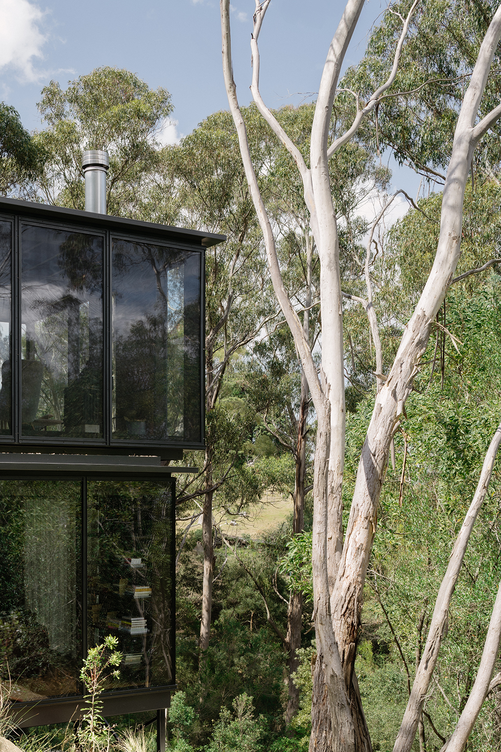 prefabricated steep site fully glazed facade exposed timber ceiling