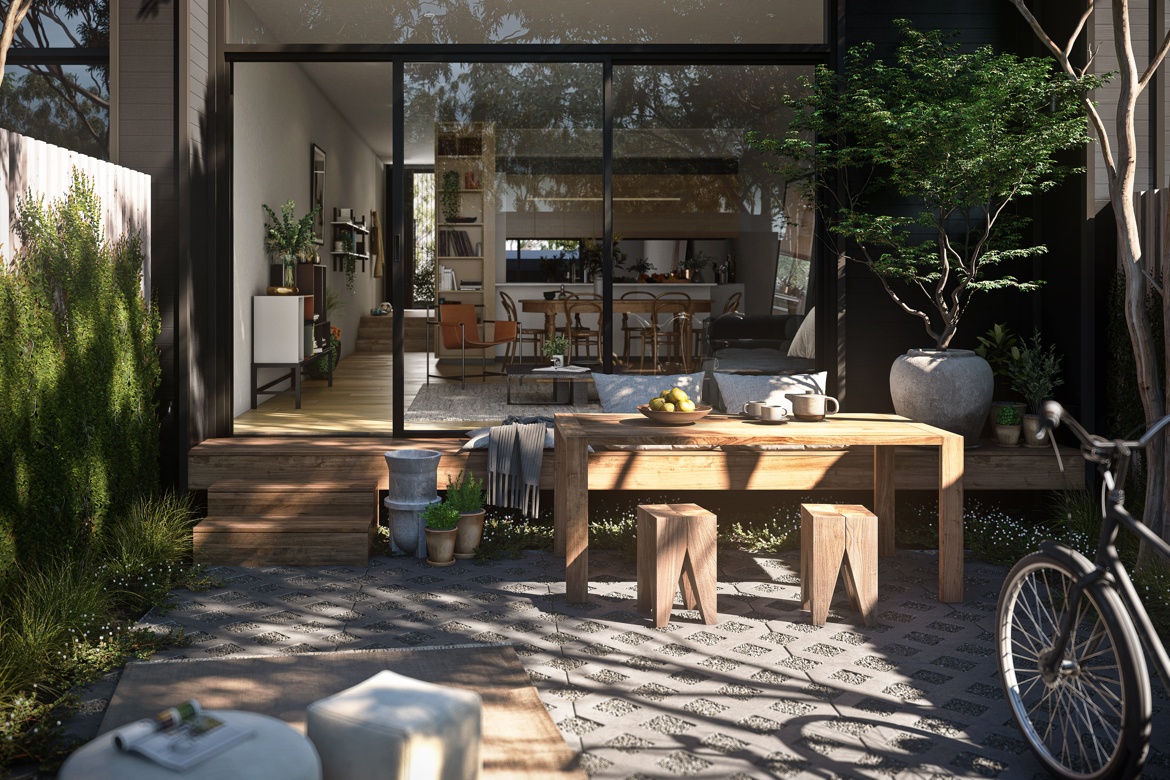 kitchen and living feed on to private courtyards through operable full height glazed doors