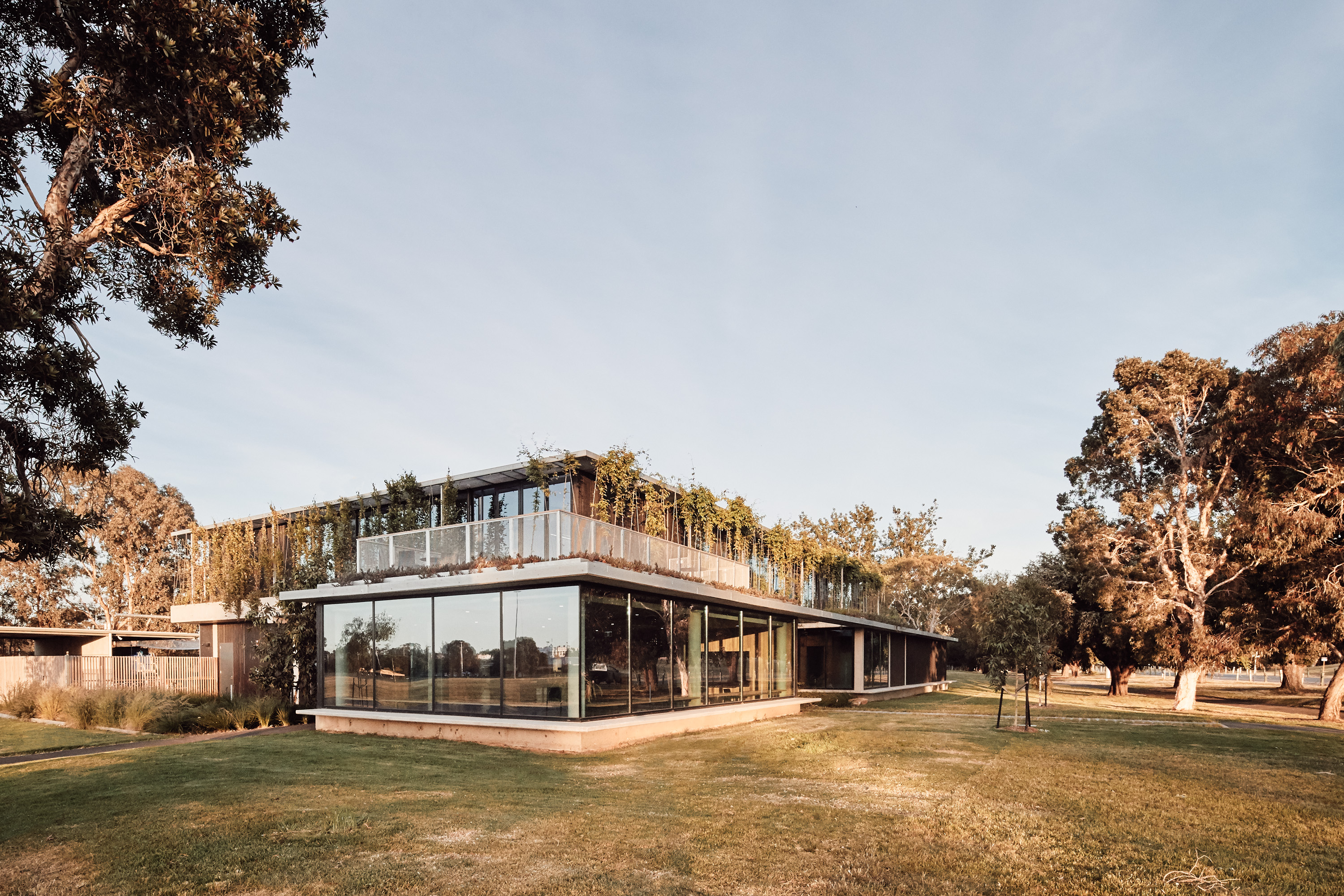 glazed office building with green roof
