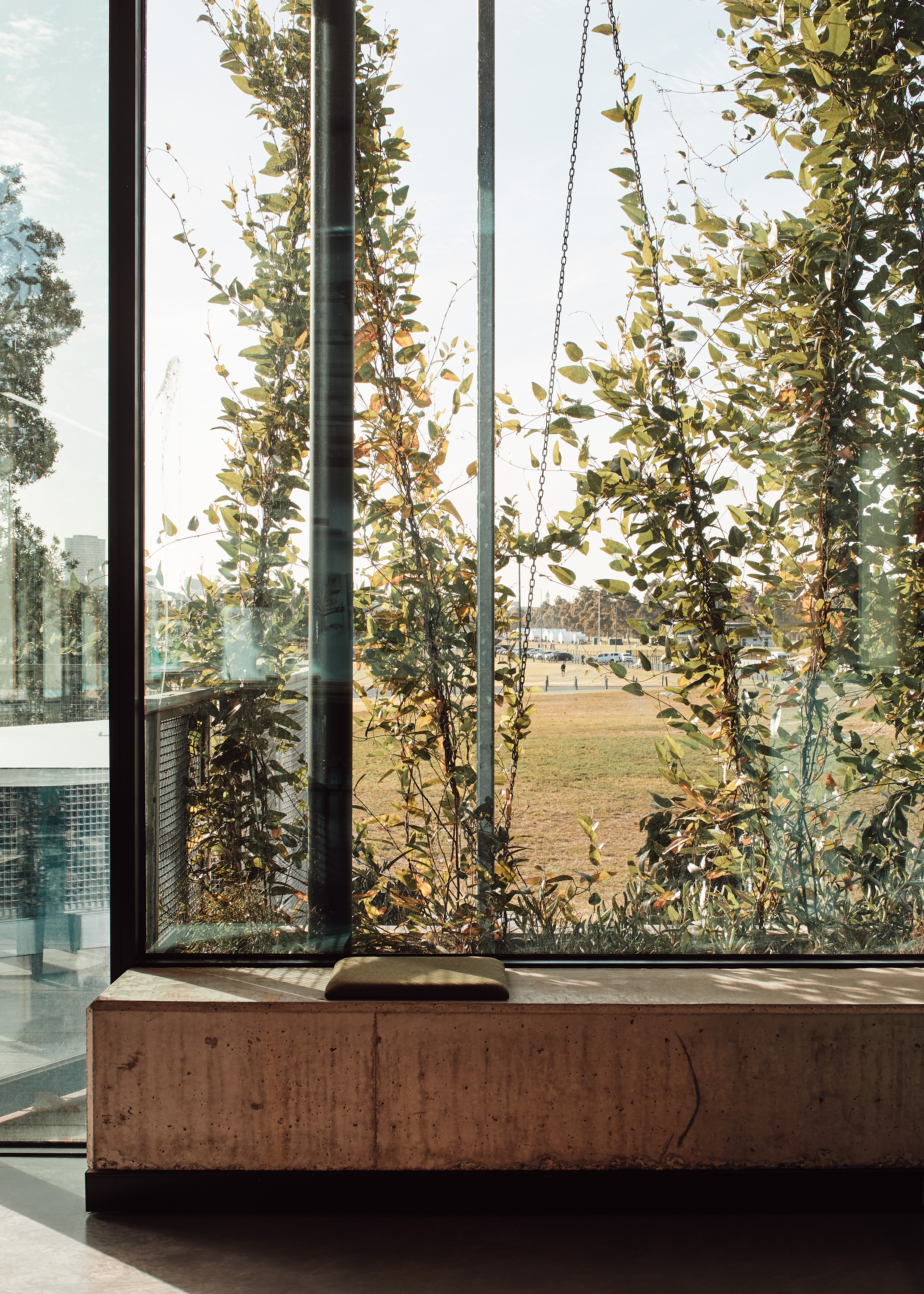 office building full height glazing connecting to garden