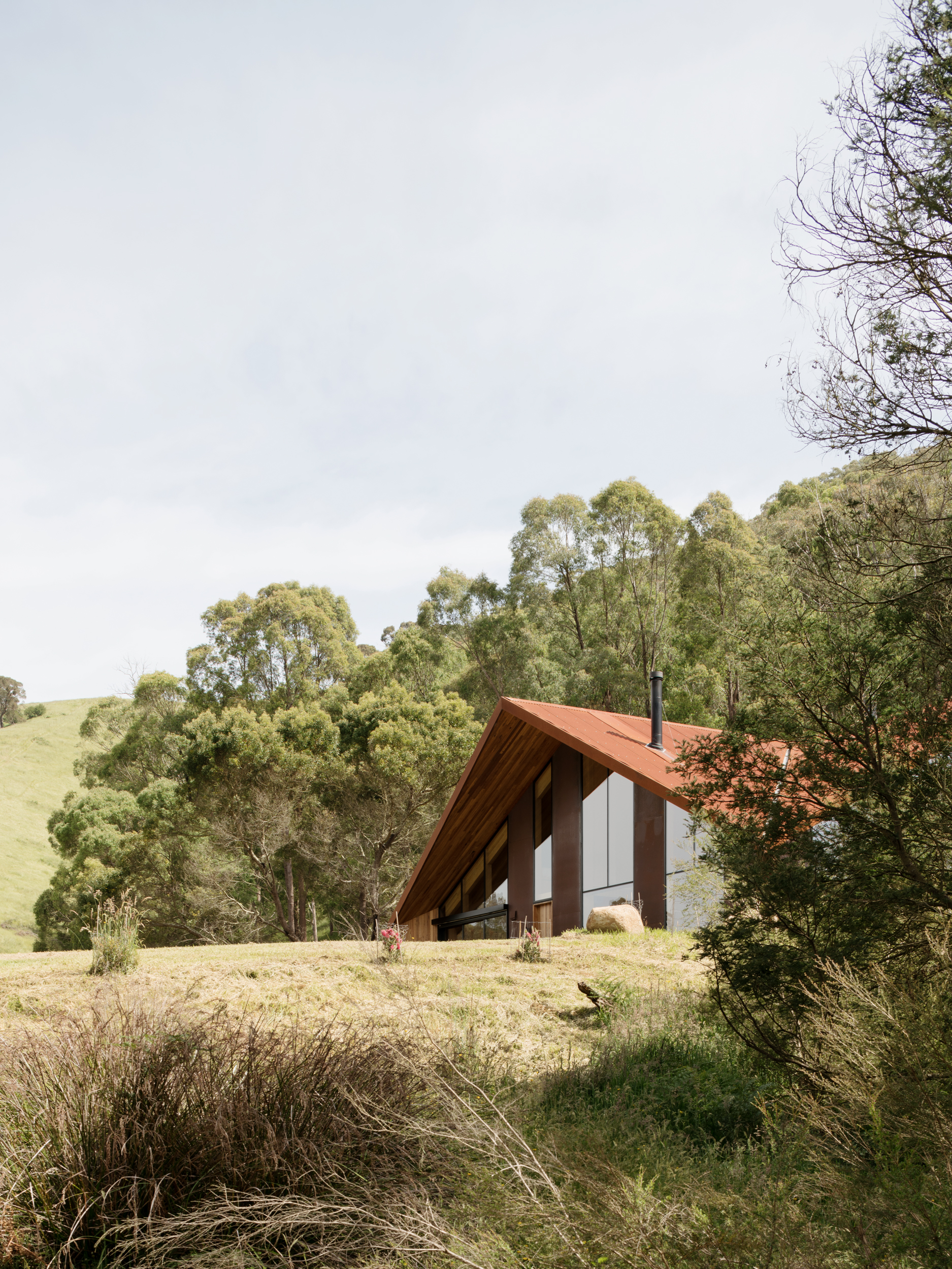 origami style roofline of off grid house