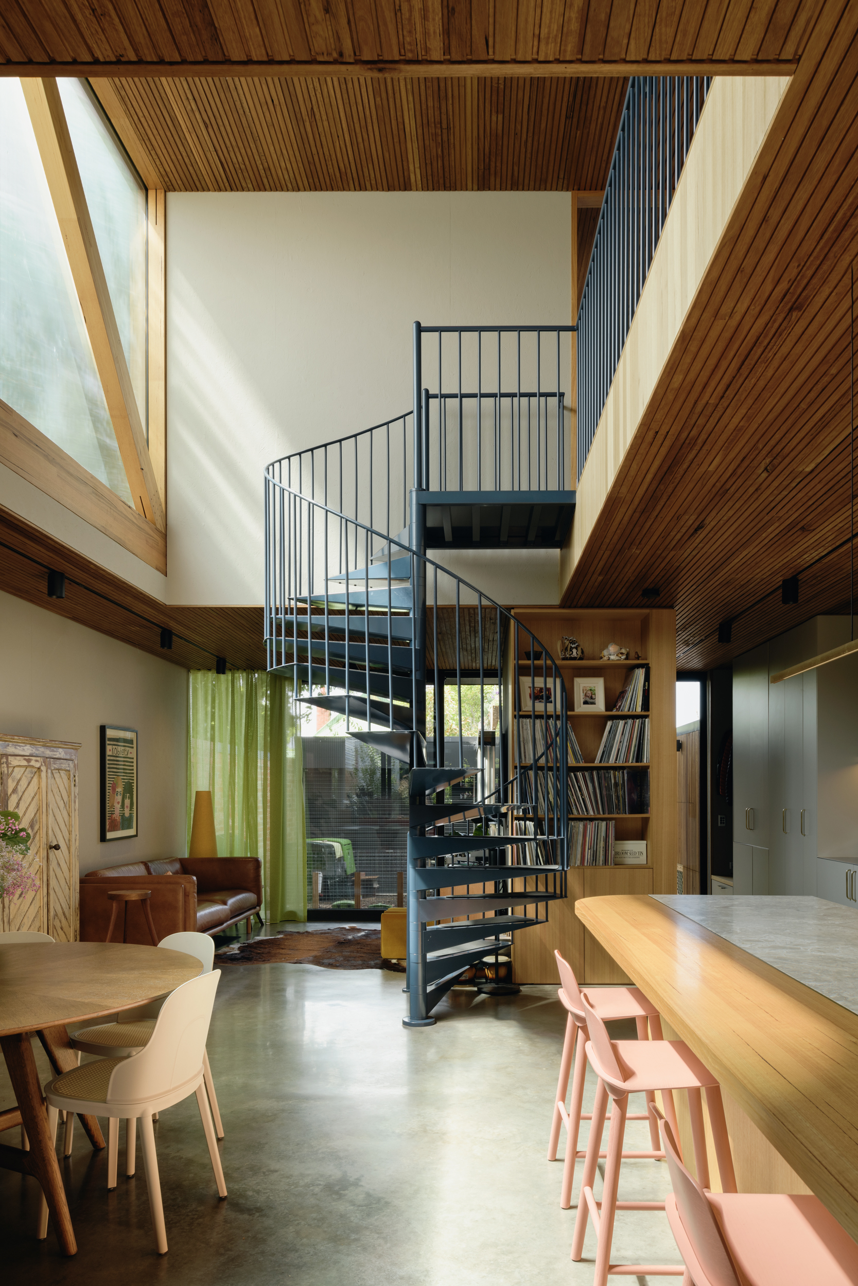 timber ceilings, concrete slab to kitchen and living