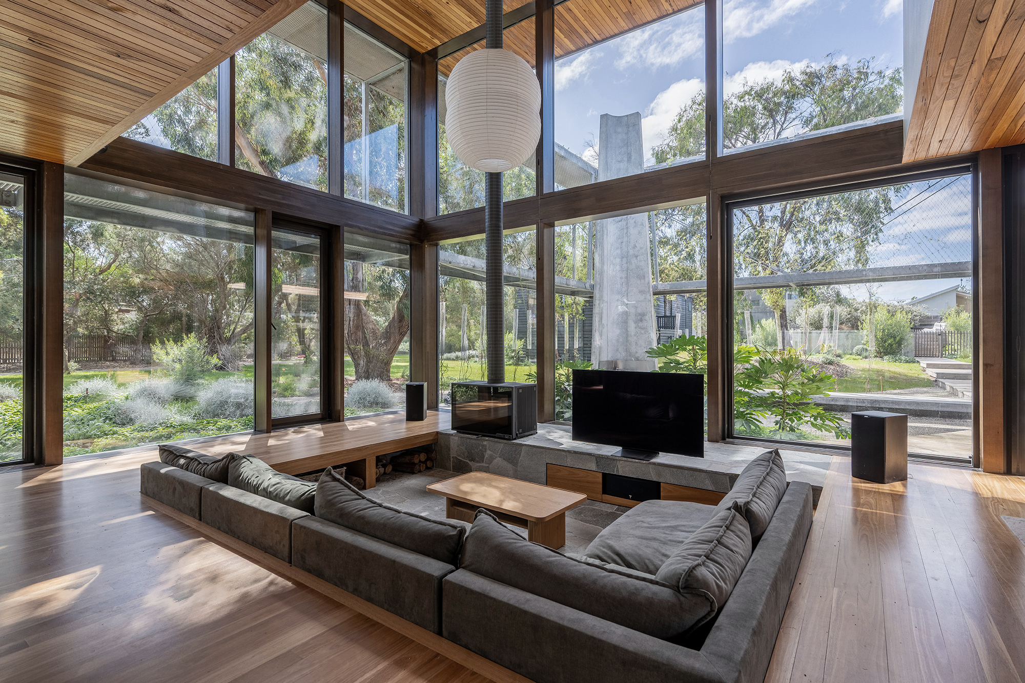 double height living room with full height windows