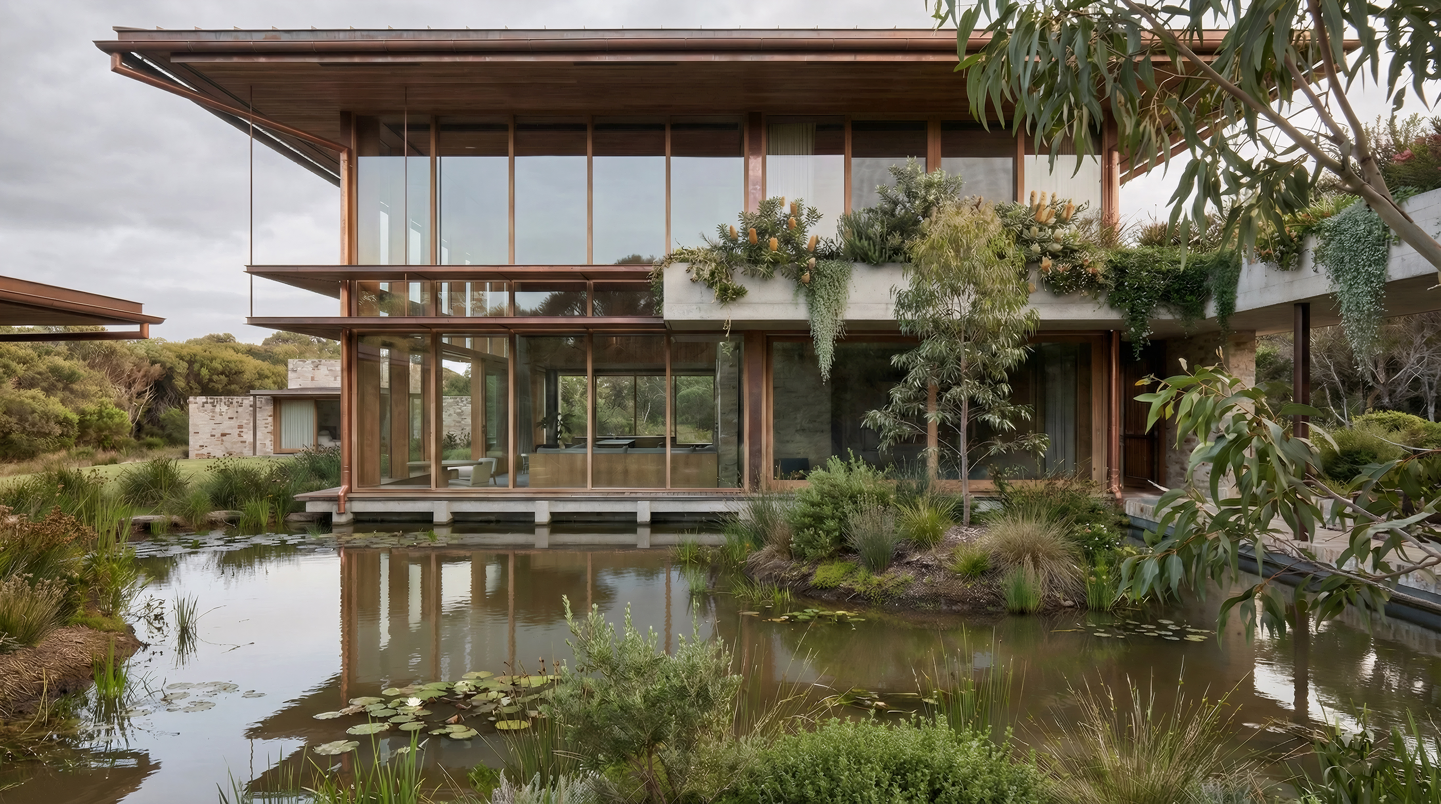 double storey pavillion overlooking pond