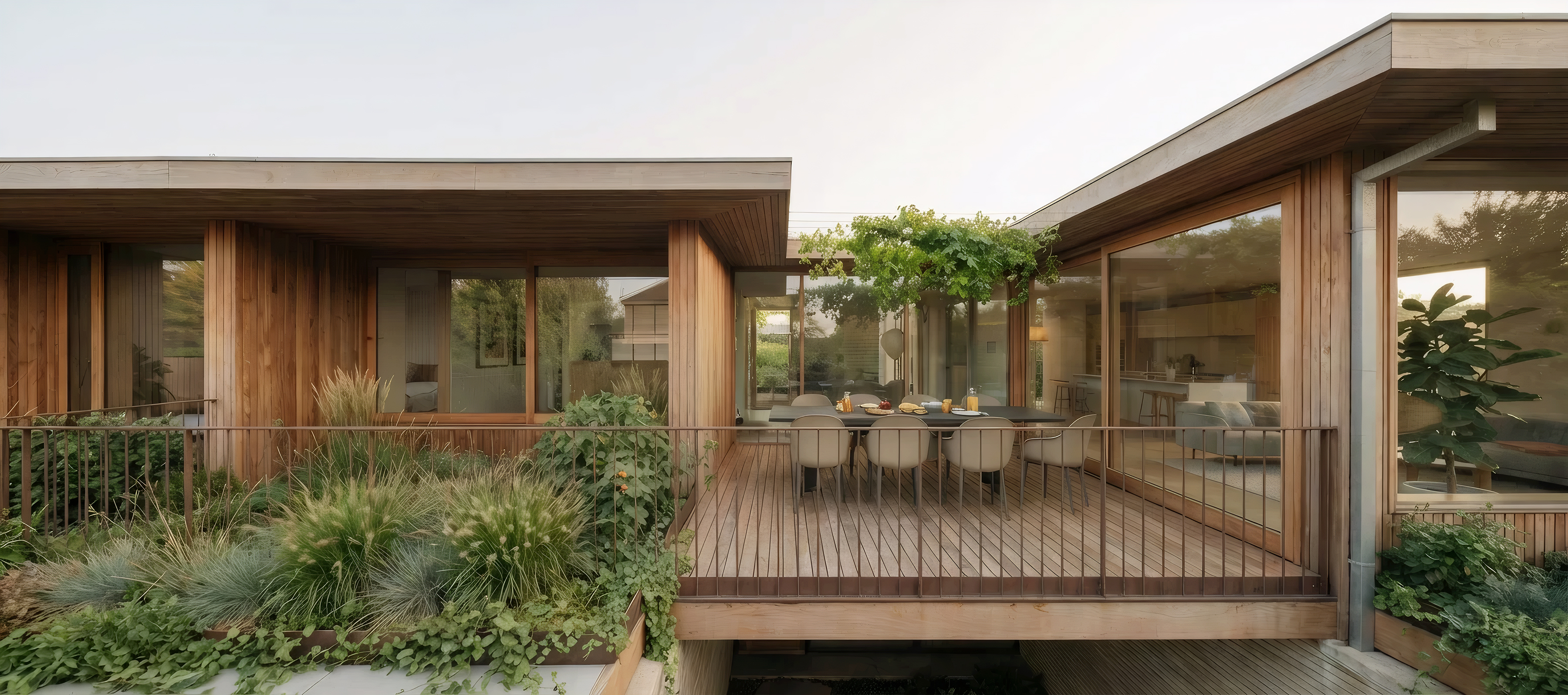 two pavillions connected by outdoor space and glass walkway