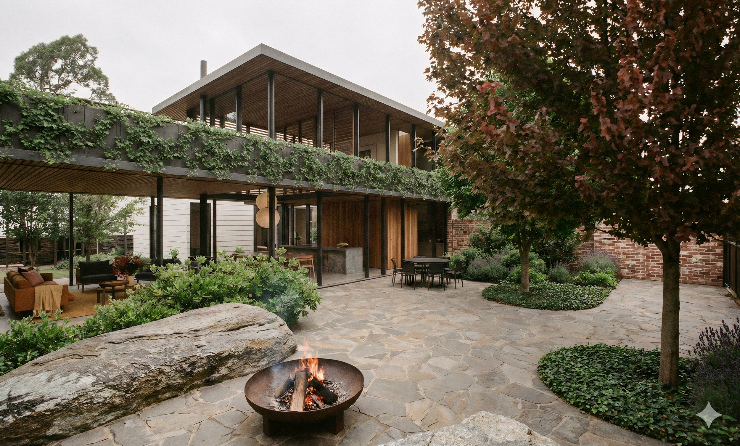 paved courtyard with connection to house