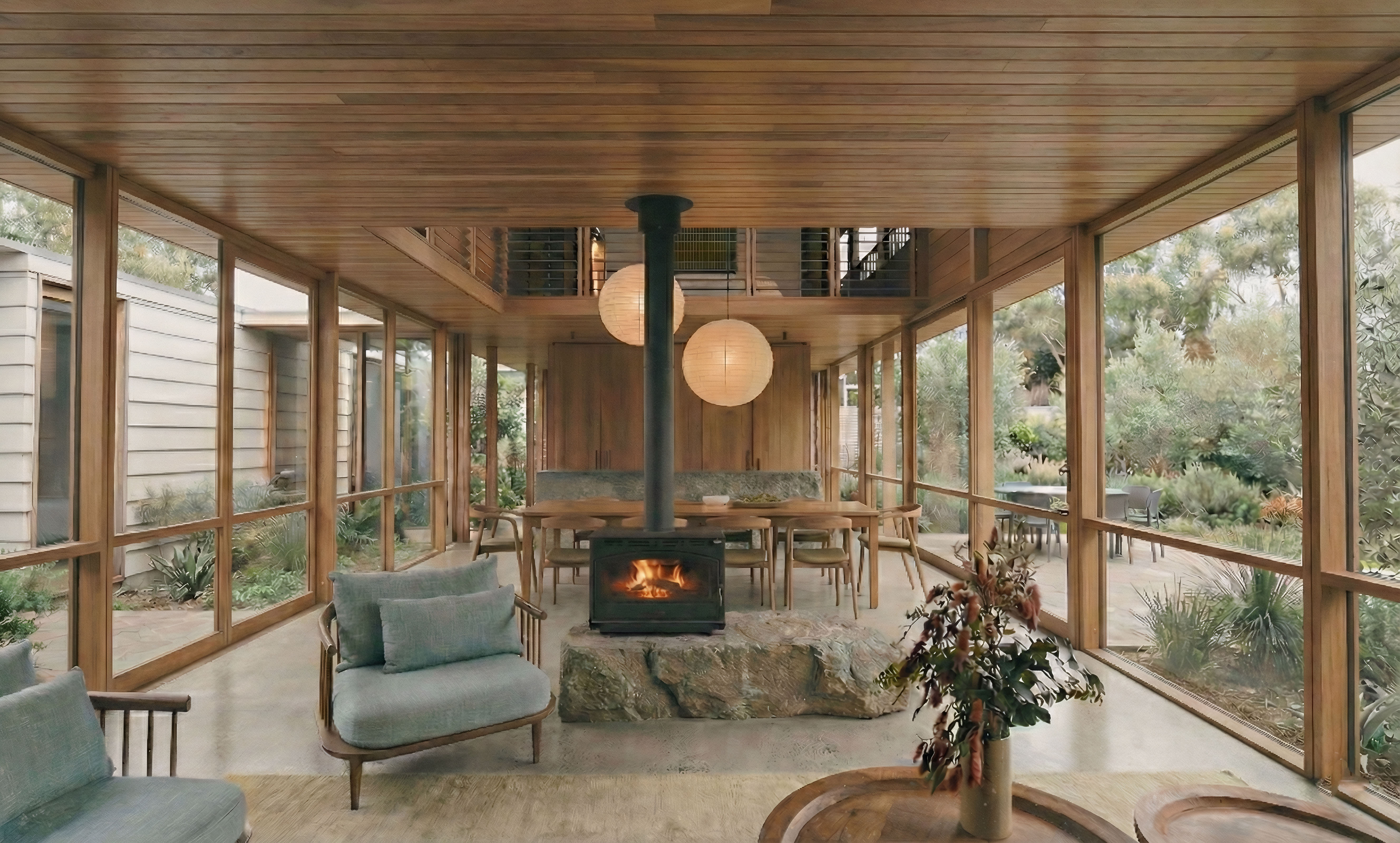 timber ceiling full height glass to living room