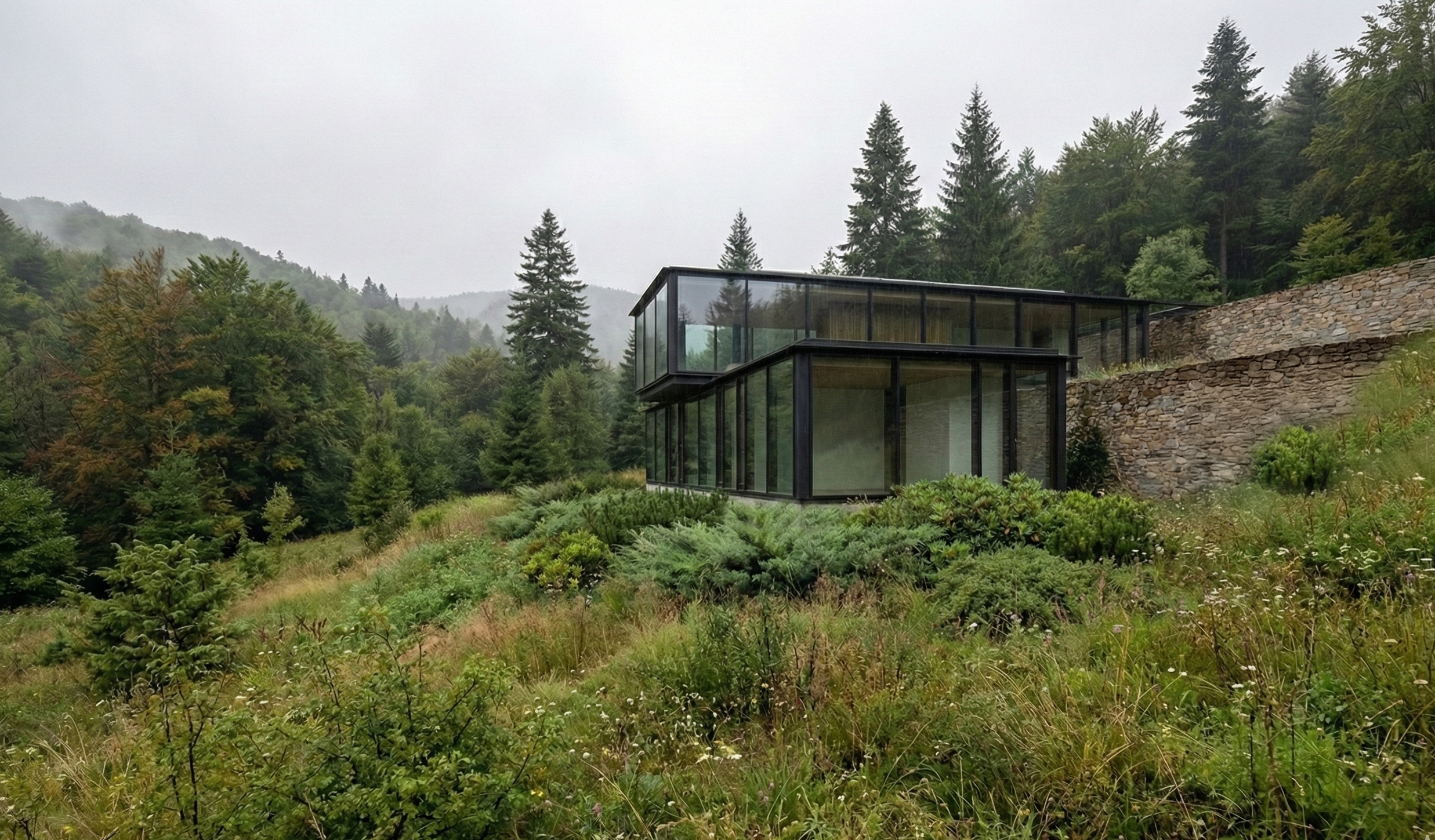 glass home nestled into countryside