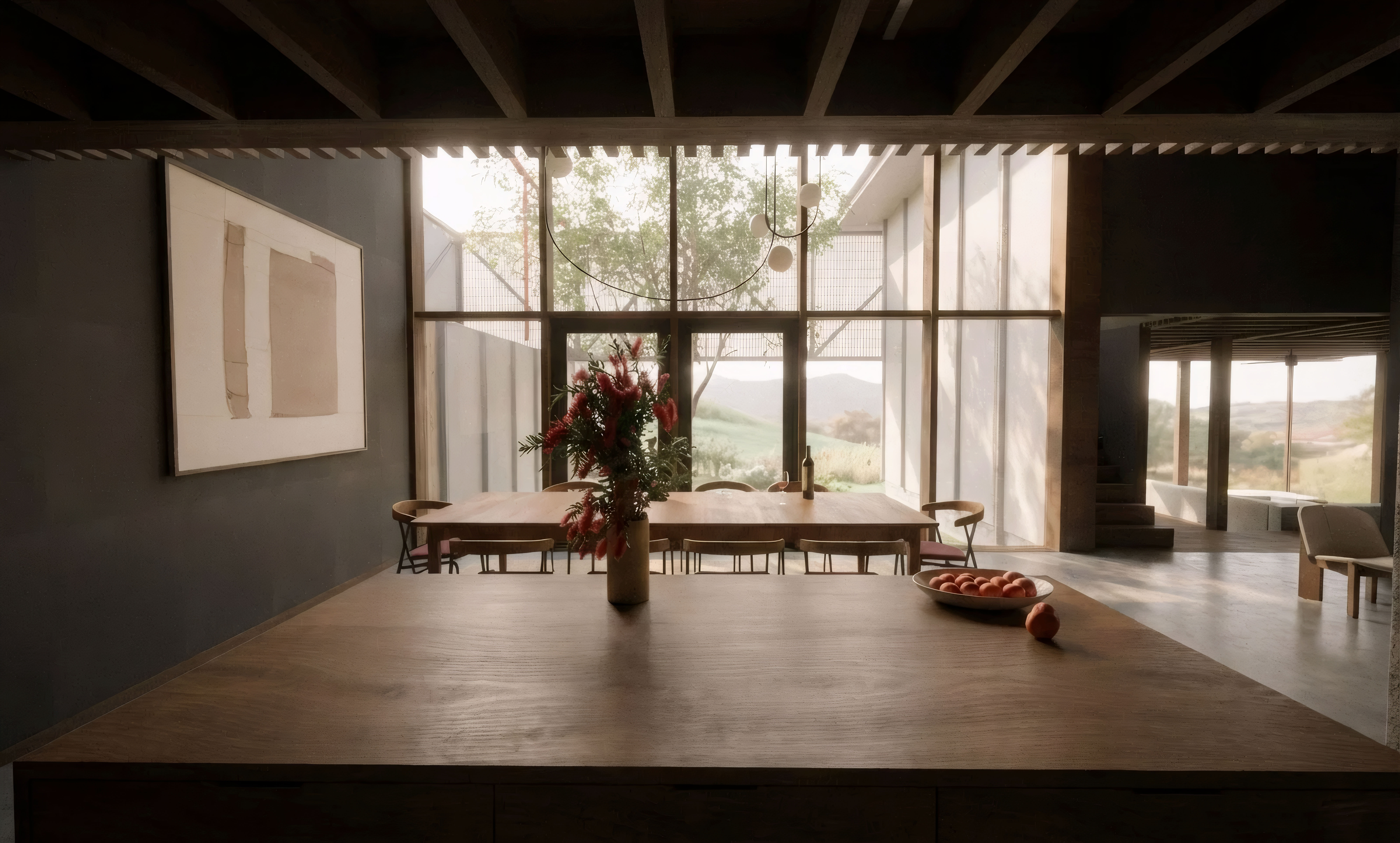 exposed timber rafters looking from kitchen towards void space