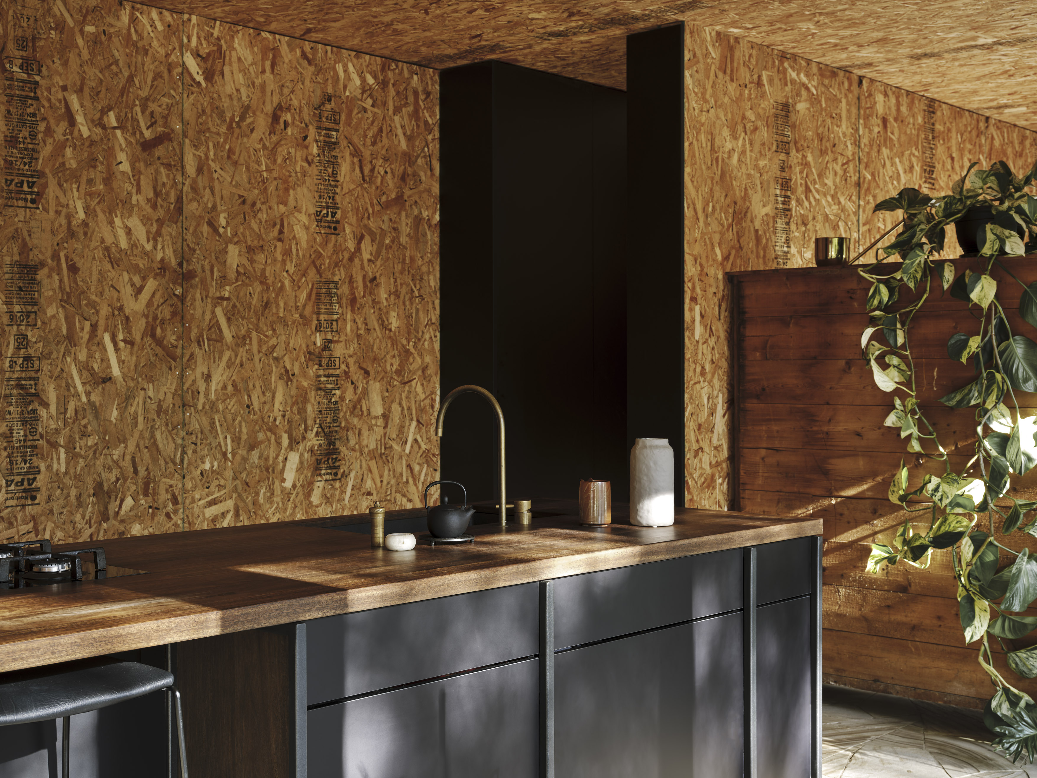 cabin kitchen with raw timber walls