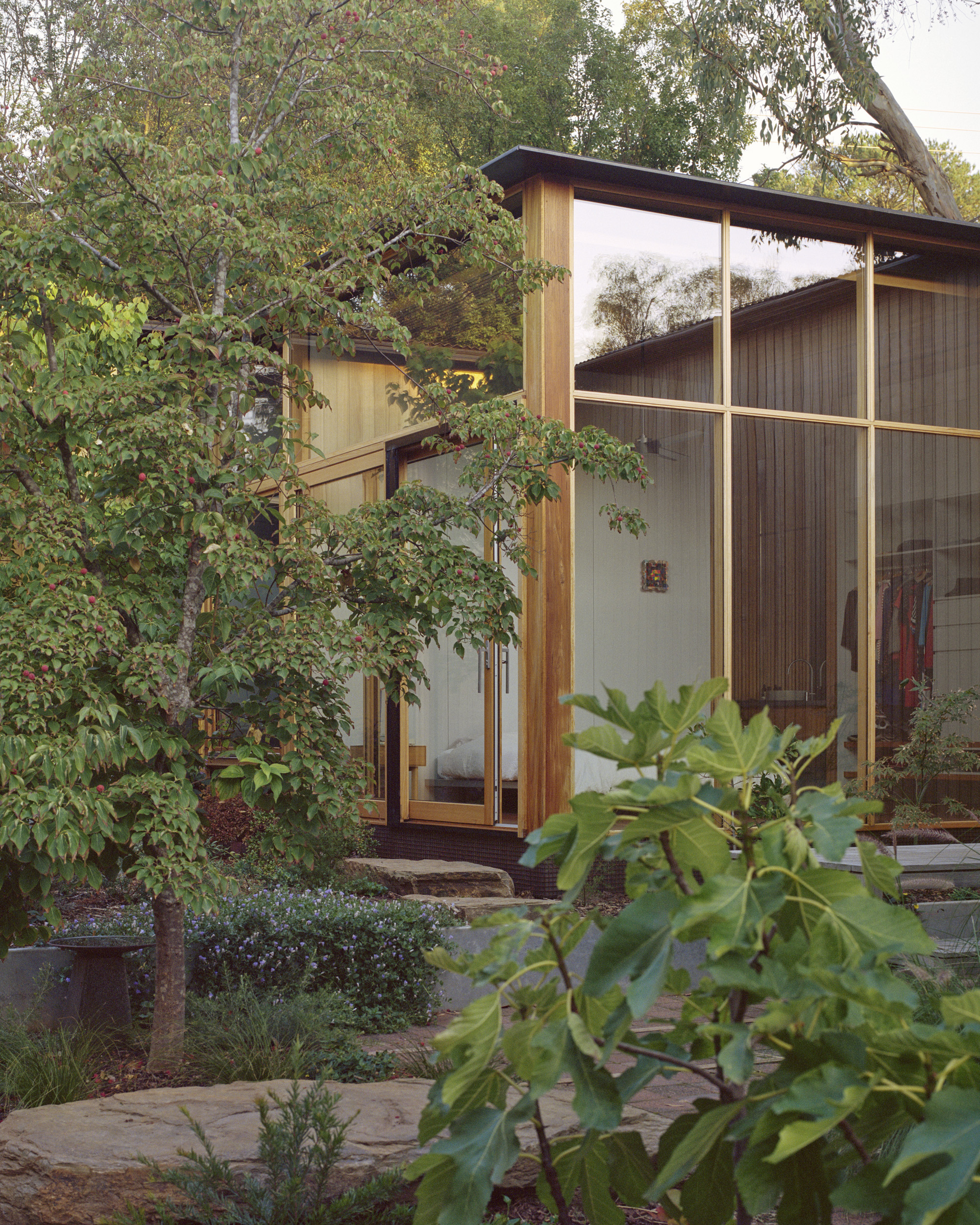 mid century architectural home with high ceilings and full height glazing connecting to garden