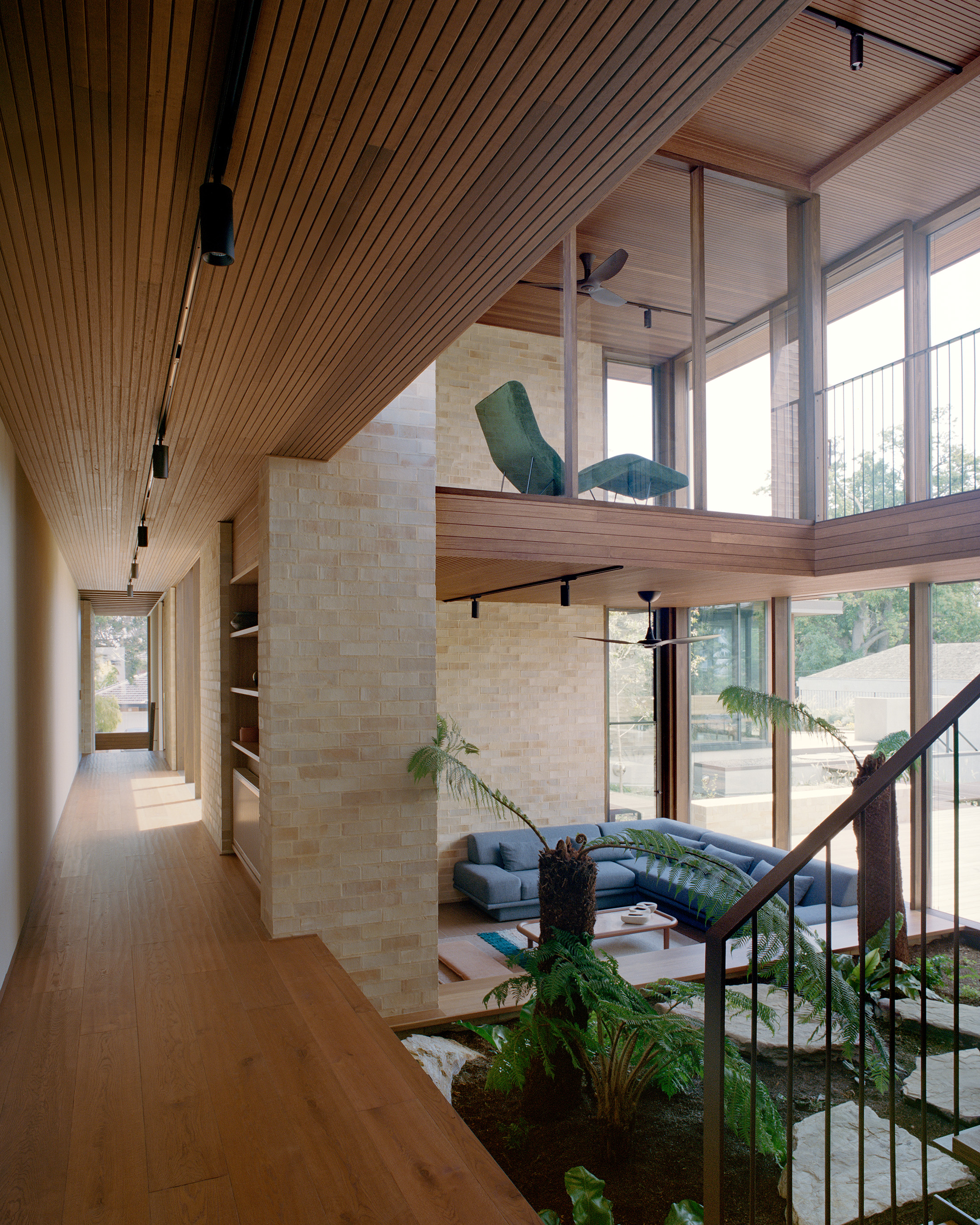 Dramatic double-height residential interior with warm timber-lined ceilings and a light brick feature wall. A long wooden hallway overlooks a sunken living room with a blue sectional sofa and a central indoor atrium garden featuring tree ferns.