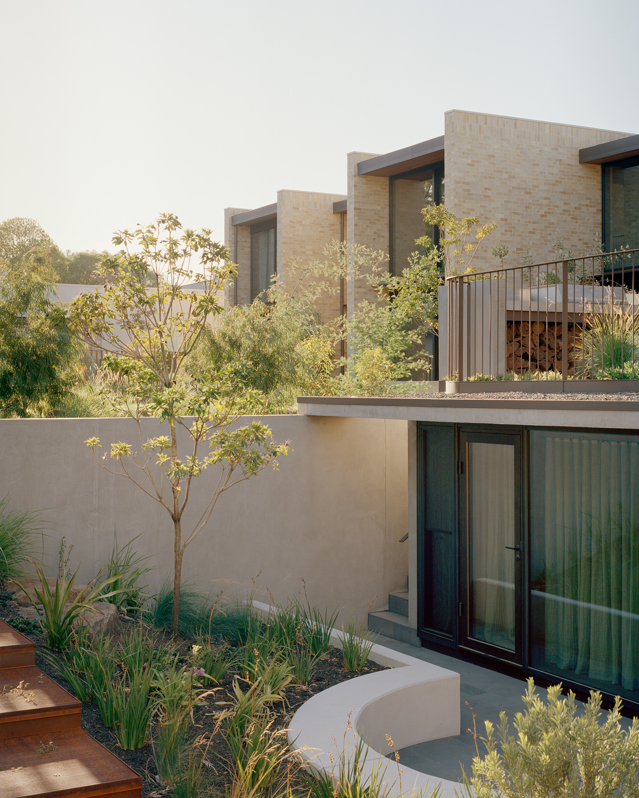Split-level residential architecture highlighting a sunken courtyard with glass doors and a curved concrete planter. A rooftop terrace with a steel balustrade and integrated firewood storage sits above the native garden beds.