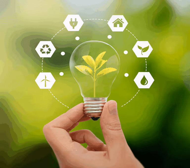 Hand holding a light bulb with a plant inside, surrounded by sustainability icons