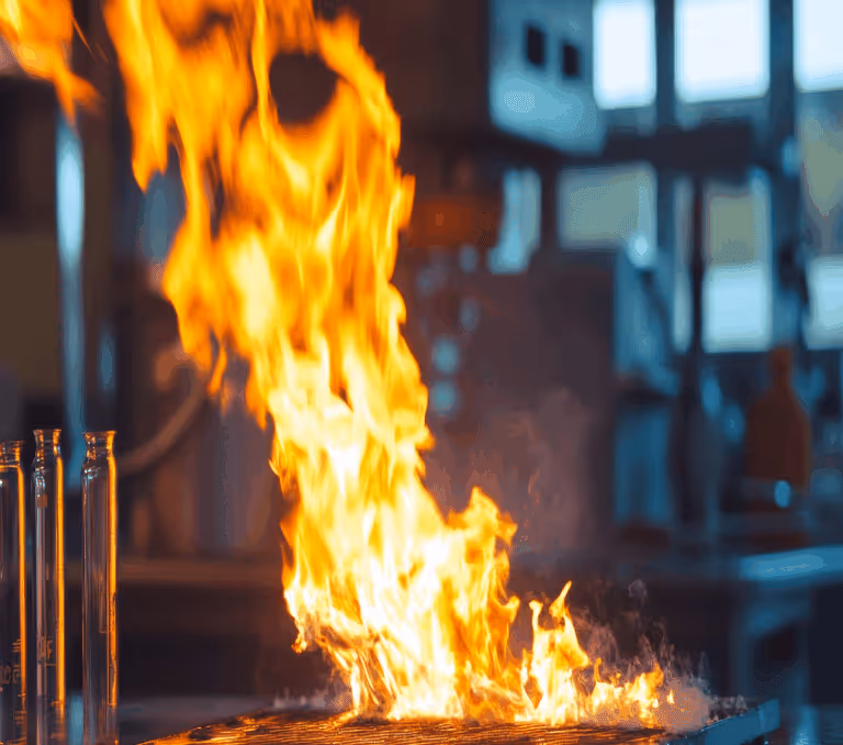 Close-up of flames during a controlled fire test in a laboratory setting