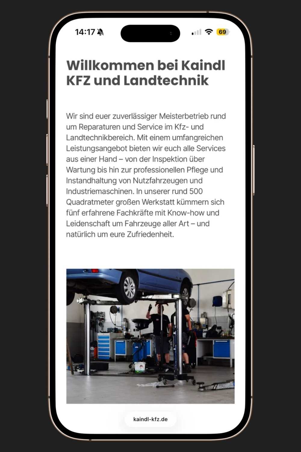 Mobile Mockup der Website des KFZ Betriebs Kaindl aus Unterhaindlfing