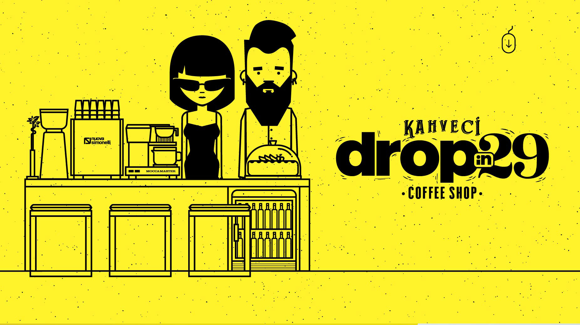 Illustrated mural of Dropin29's coffee bar with two baristas — placeholder, replace with Figma export