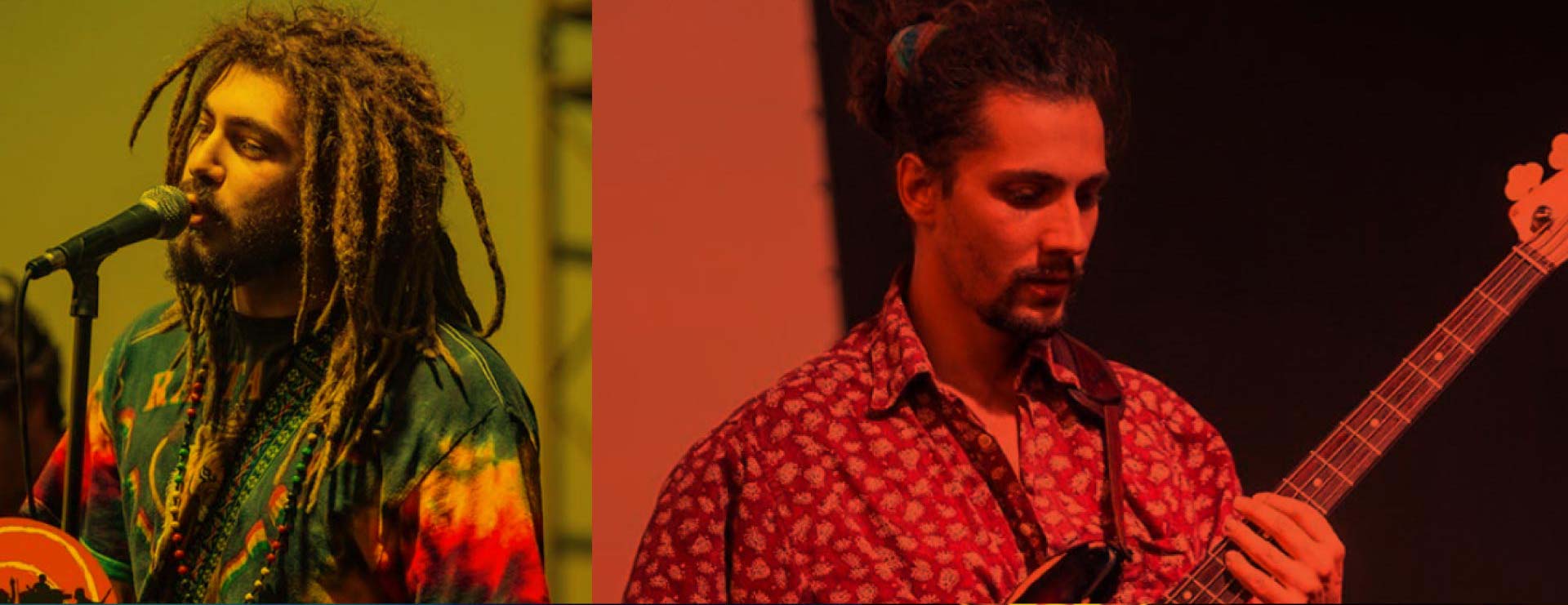 Split photo collage: singer performing on a yellow-lit stage on the left, bassist under red stage lighting on the right — placeholder, replace with Figma export
