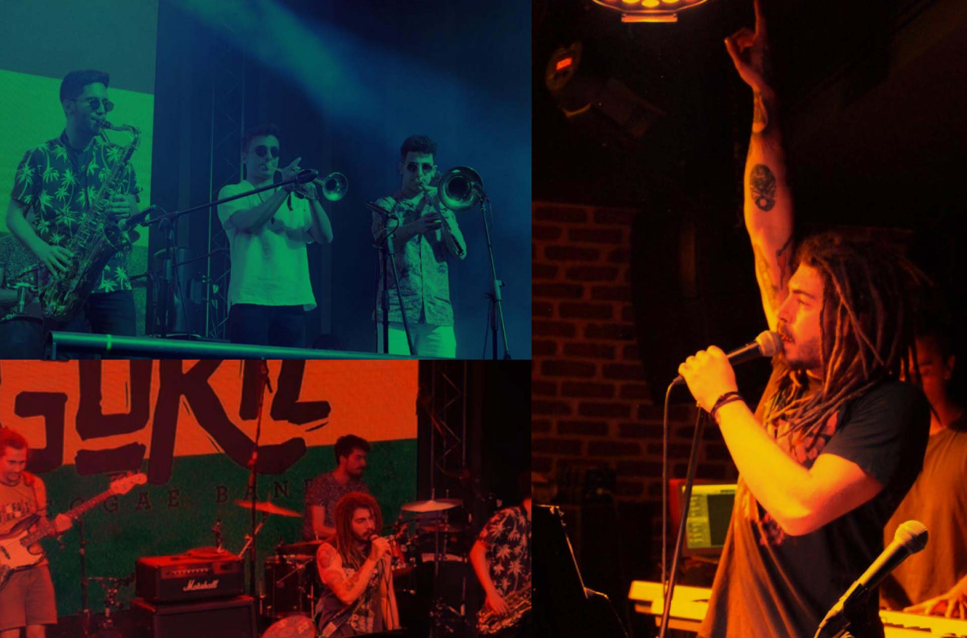 Collage of live band photos: horn section on a green-lit stage, the Goril logo banner, and the singer performing under warm stage light — placeholder, replace with Figma export